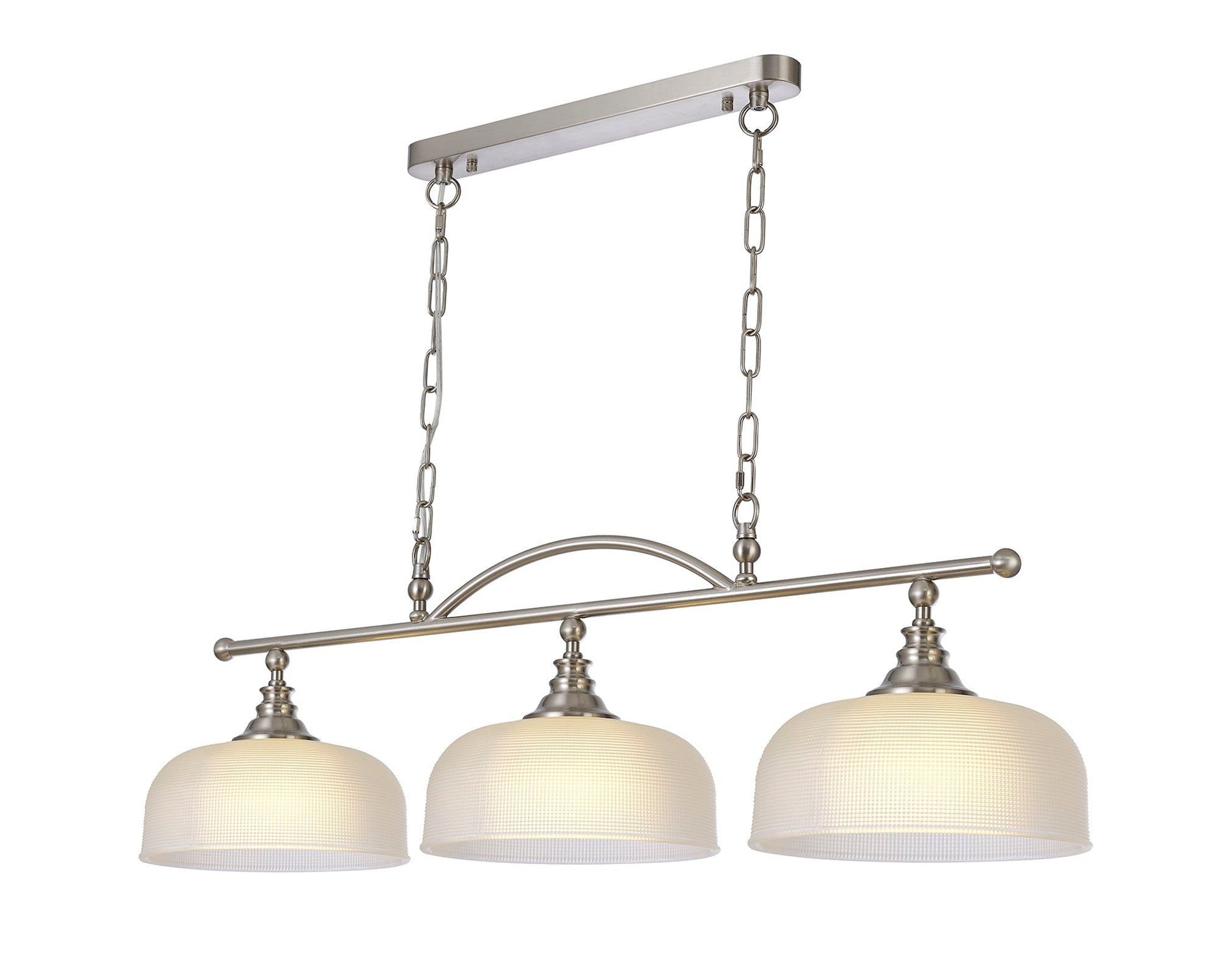 Isola Semi Flush / Pendant Bar, 3 Light Adjustable E27, Satin Nickel , Polished Nickel, Antique Brass / Prismatic Glass