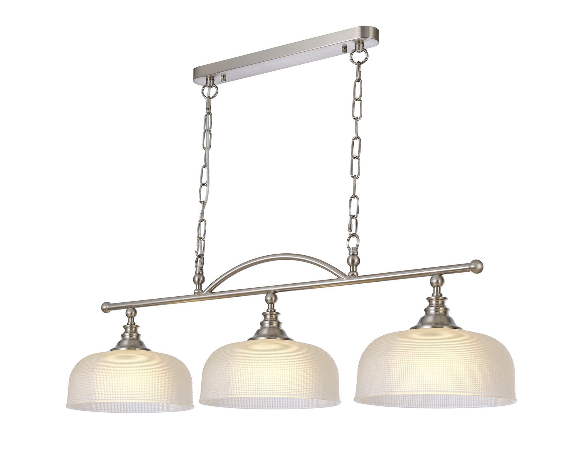 Isola Semi Flush / Pendant Bar, 3 Light Adjustable E27, Satin Nickel , Polished Nickel, Antique Brass / Prismatic Glass