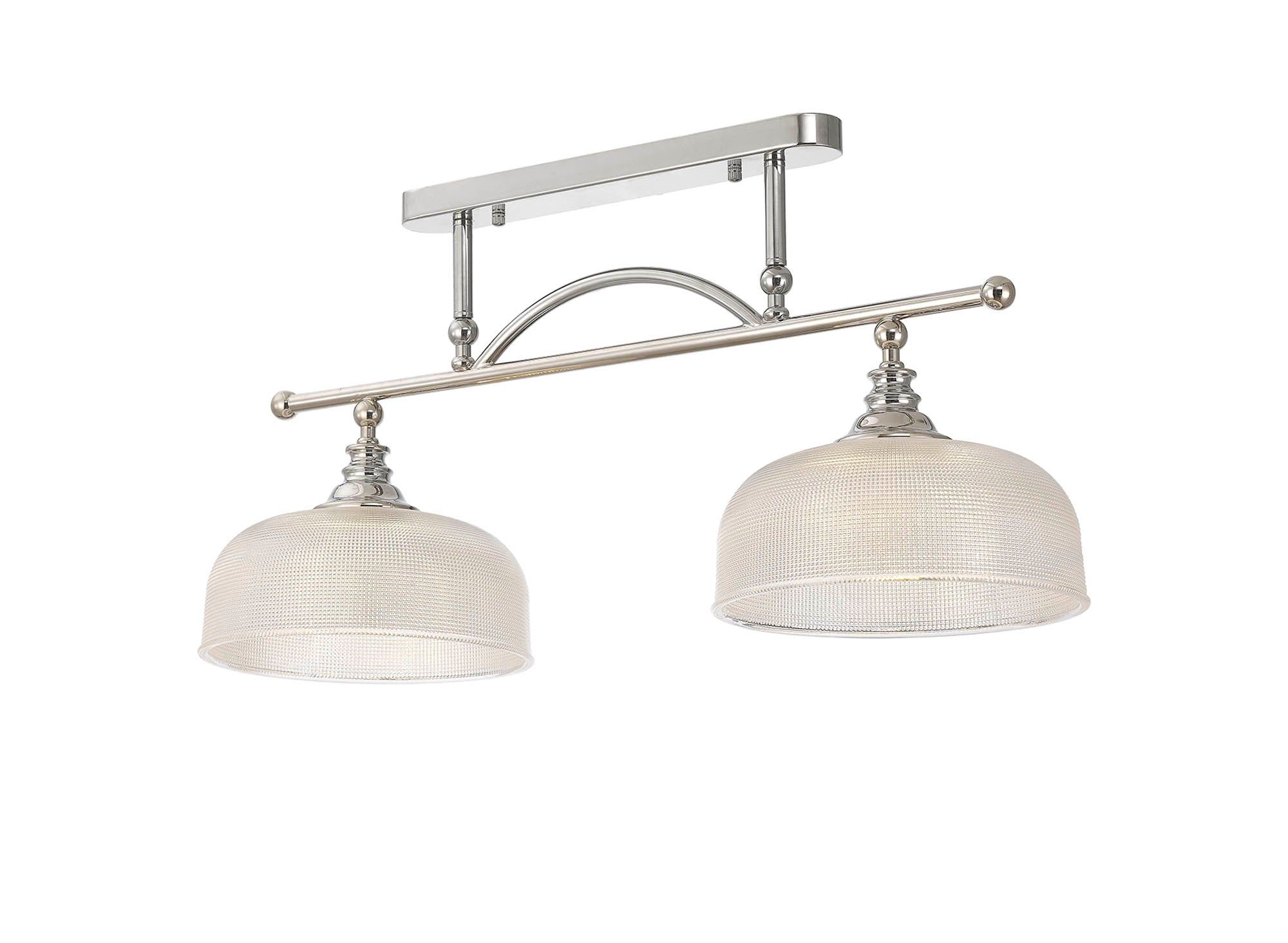 Shelbourne Semi Flush / Pendant Bar, 2 Light Adjustable E27, Satin Nickel, Polished Nickel, Antique Brass / Prismatic Glass