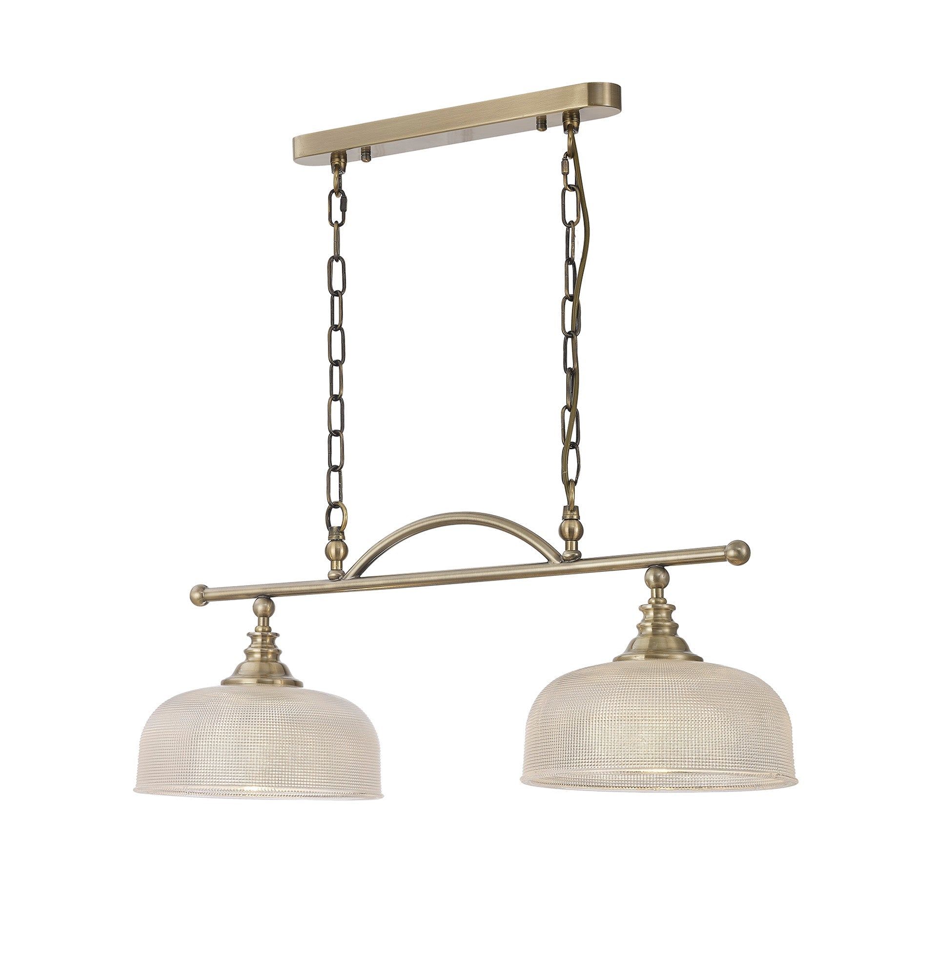 Shelbourne Semi Flush / Pendant Bar, 2 Light Adjustable E27, Satin Nickel, Polished Nickel, Antique Brass / Prismatic Glass