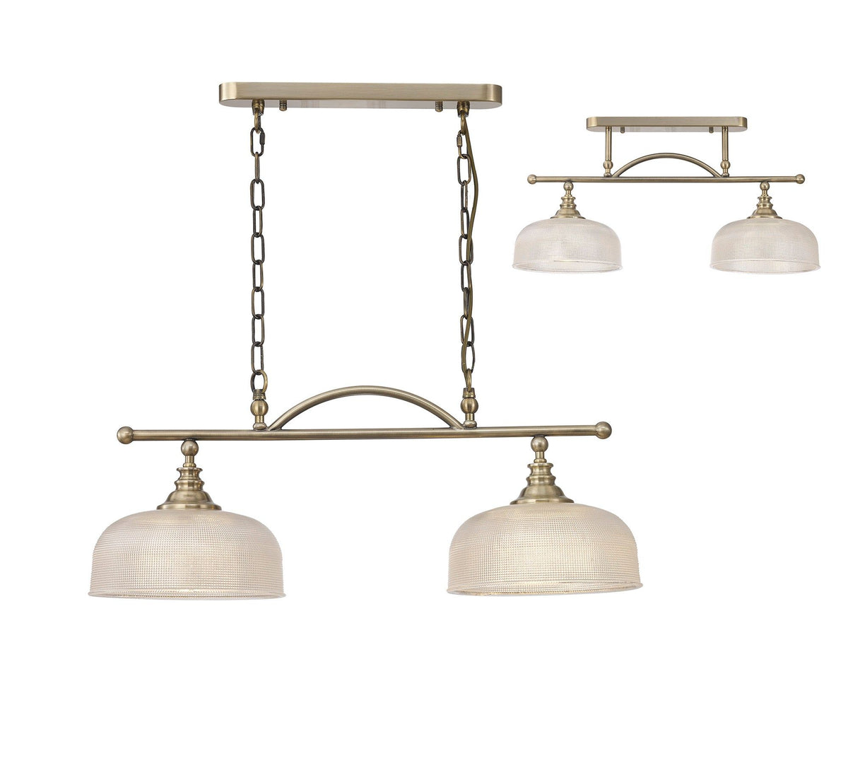 Shelbourne Semi Flush / Pendant Bar, 2 Light Adjustable E27, Satin Nickel, Polished Nickel, Antique Brass / Prismatic Glass
