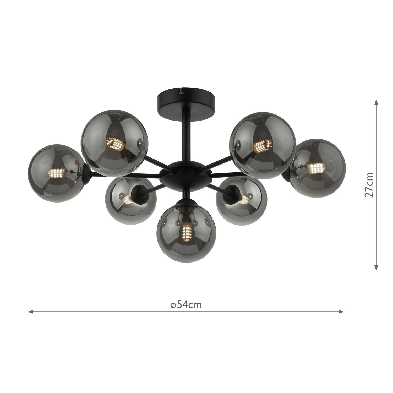Cohen 7 Light Semi Flush Ceiling Light Matt Black & Smoked Glass Finish IP20