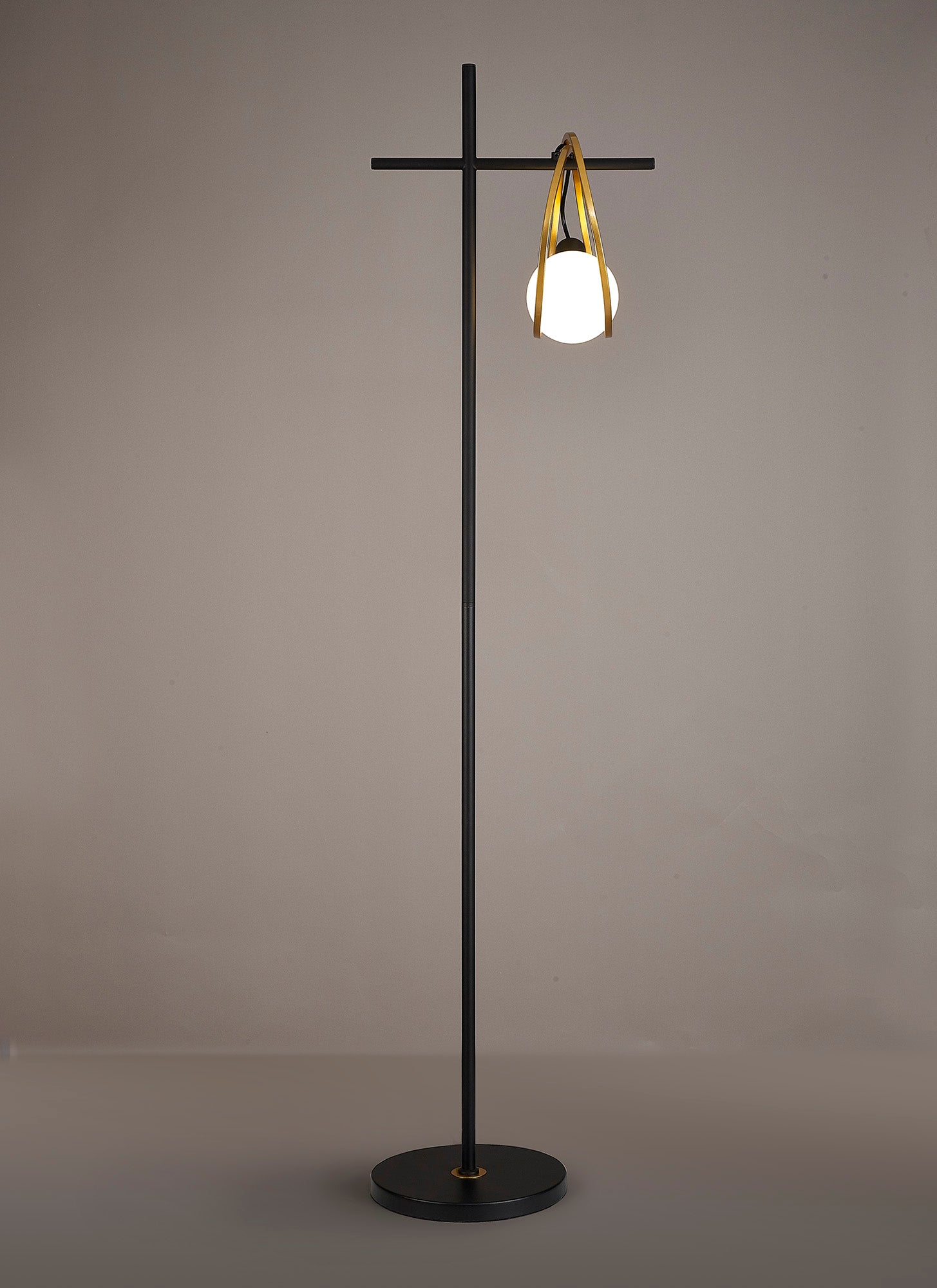 Corfu Double Ring Floor Lamp, 1 Light E27, Matt Black  &  Painted Gold, G95 & 120 Lamp Recommended