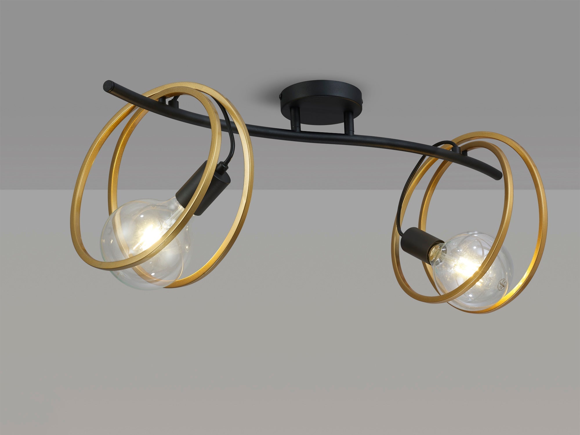 Corfu Double Ring Indoor Semi Flush Ceiling Light, 1/2/3/4Lt E27, Matt Black  &  Painted Gold, G95 & 120 Lamp Recommended