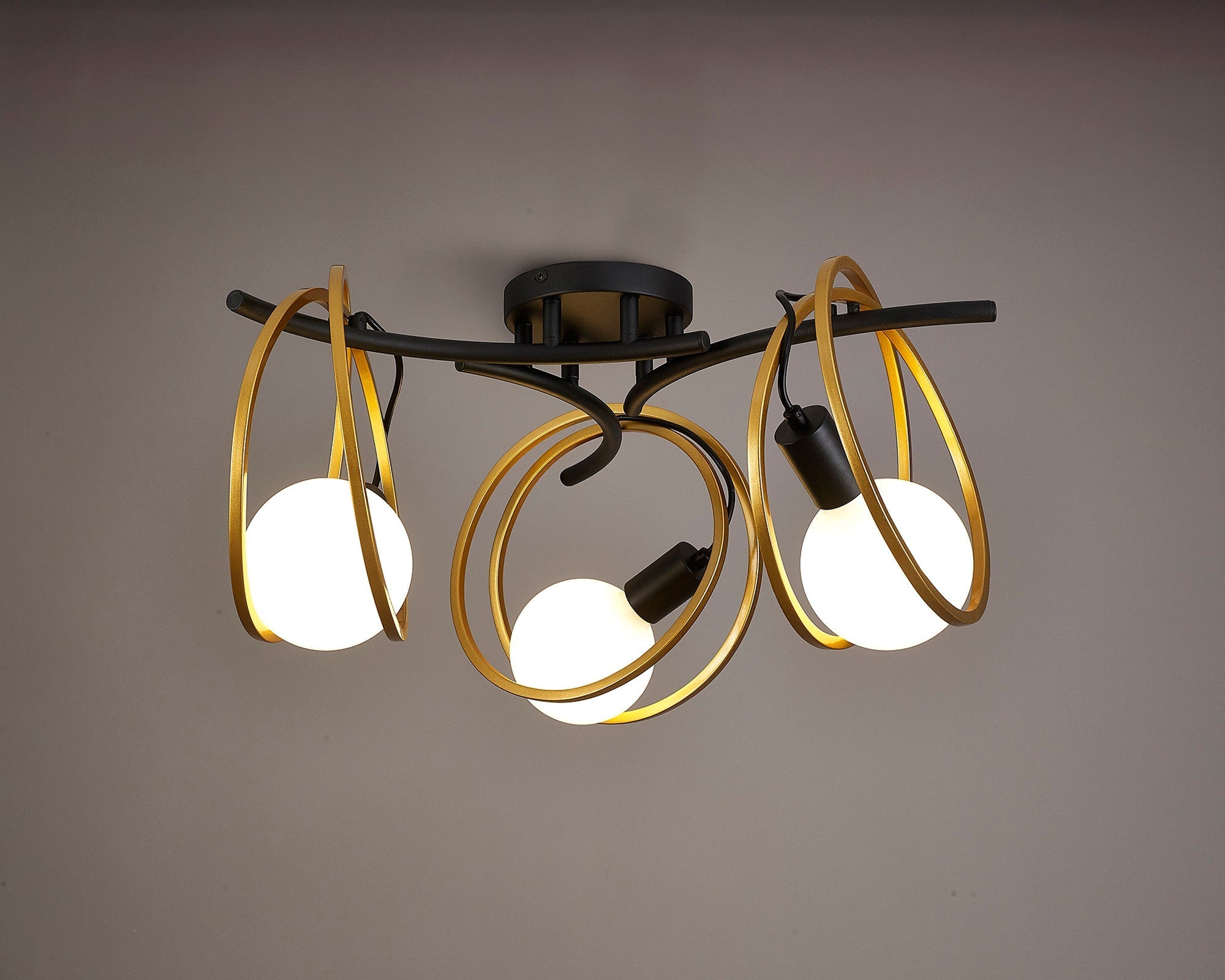 Corfu Double Ring Indoor Semi Flush Ceiling Light, 1/2/3/4Lt E27, Matt Black  &  Painted Gold, G95 & 120 Lamp Recommended