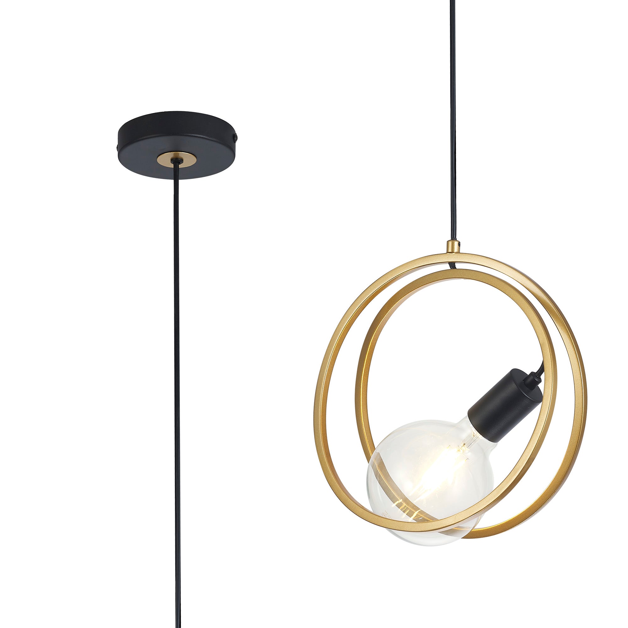 Corfu Double Ring Pendant Light, 1 Light E27, Matt Black  &  Painted Gold, G95 & 120 Lamp Recommended