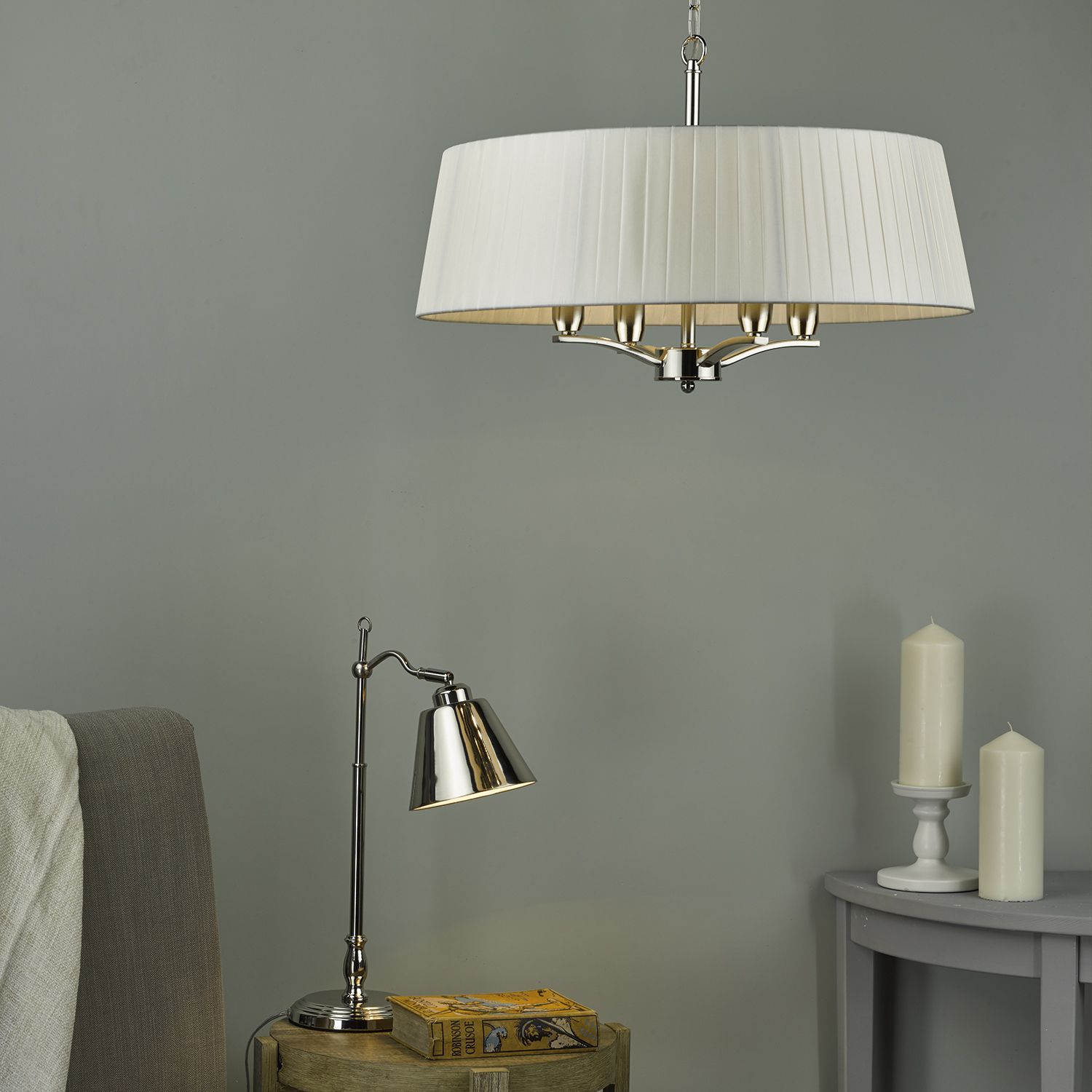 Cristin 4lt Pendant Polished Nickel C/W Ivory Ribbon Shade