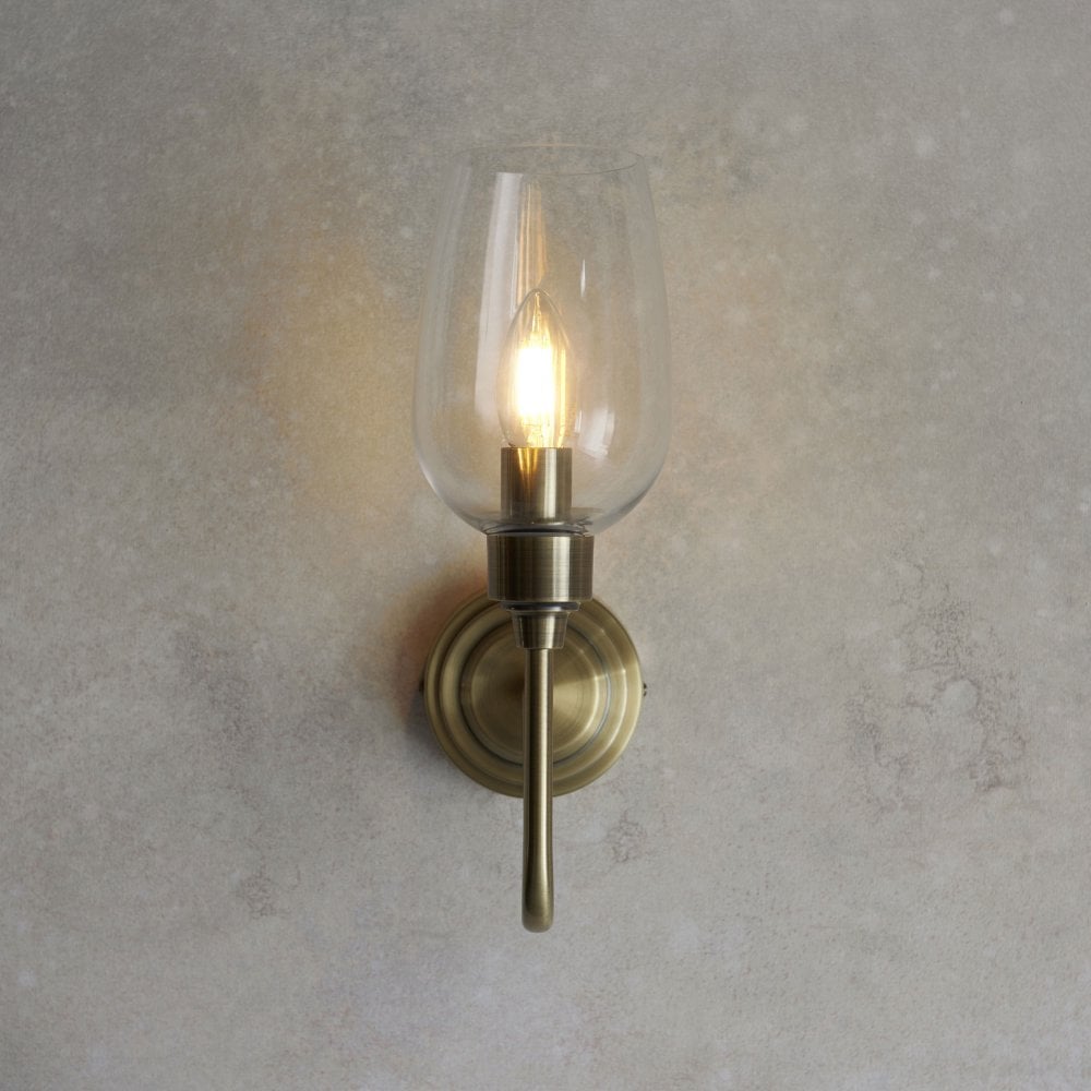 Hunter Single Wall Light in Antique Brass & Clear Glass/Bright Nickel & Clear Glass