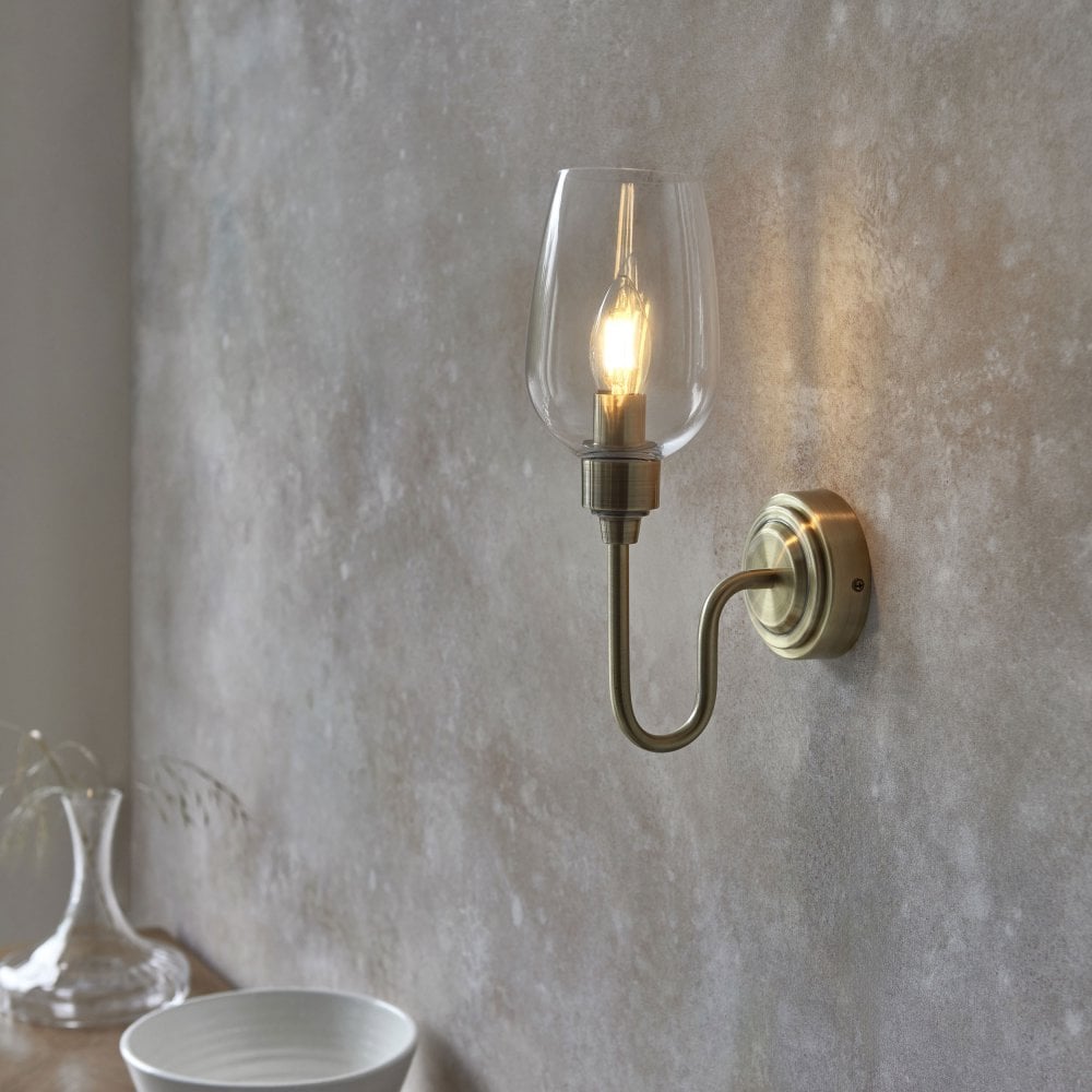 Hunter Single Wall Light in Antique Brass & Clear Glass/Bright Nickel & Clear Glass