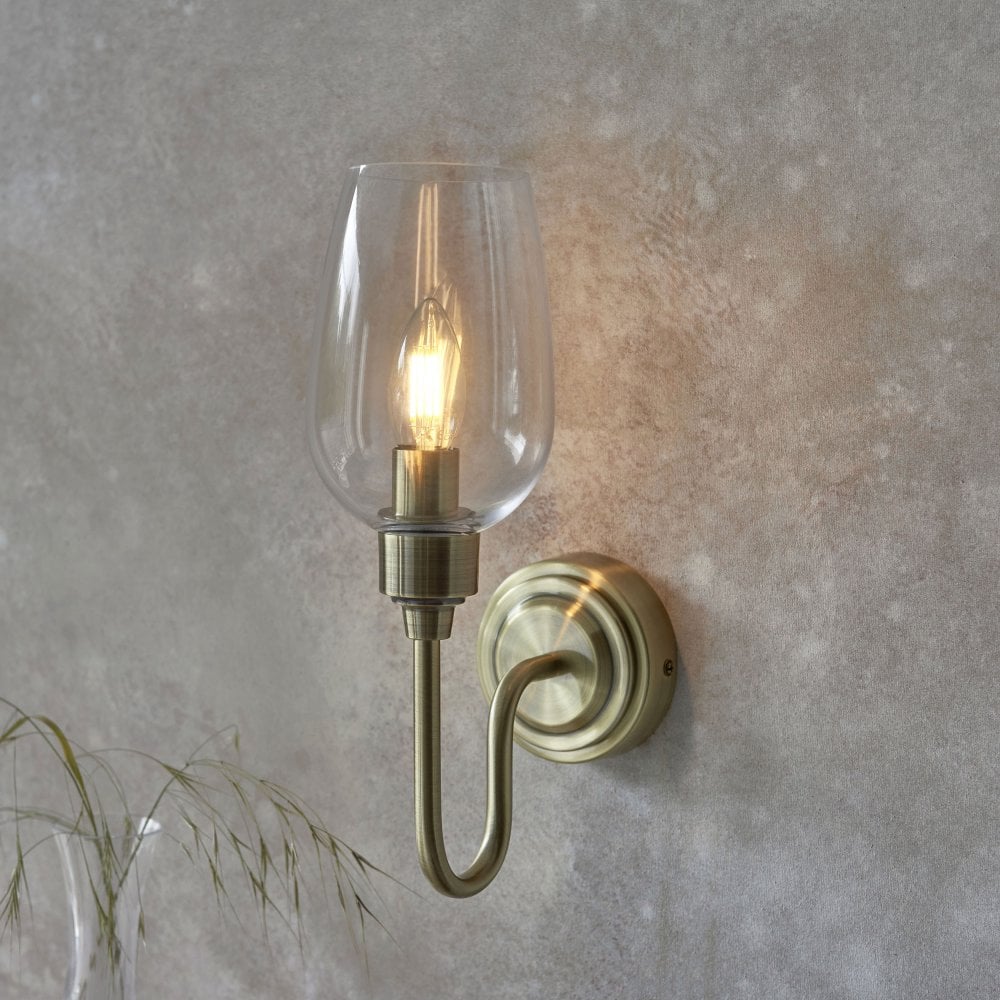 Hunter Single Wall Light in Antique Brass & Clear Glass/Bright Nickel & Clear Glass
