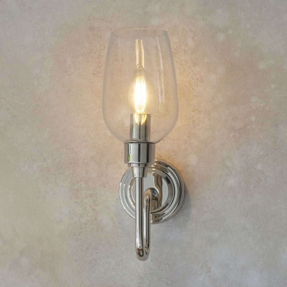 Hunter Single Wall Light in Antique Brass & Clear Glass/Bright Nickel & Clear Glass