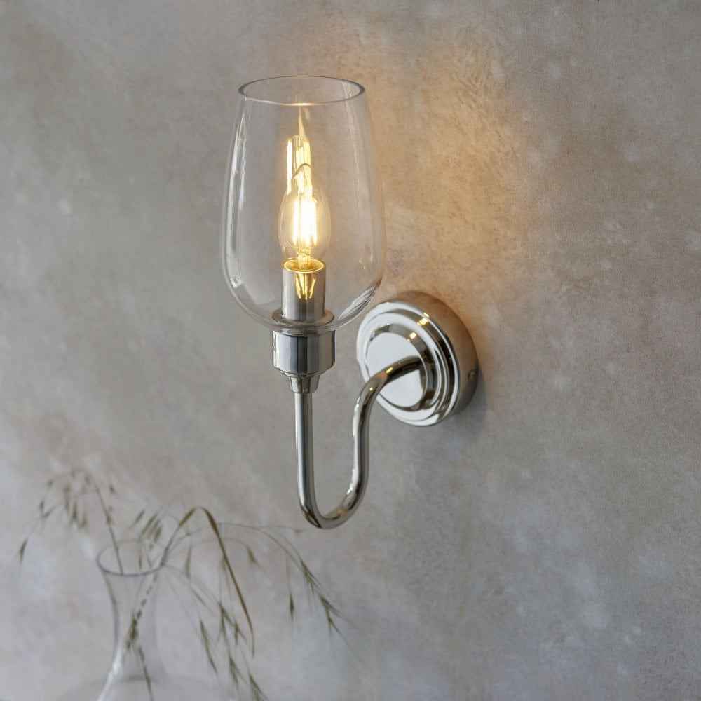 Hunter Single Wall Light in Antique Brass & Clear Glass/Bright Nickel & Clear Glass