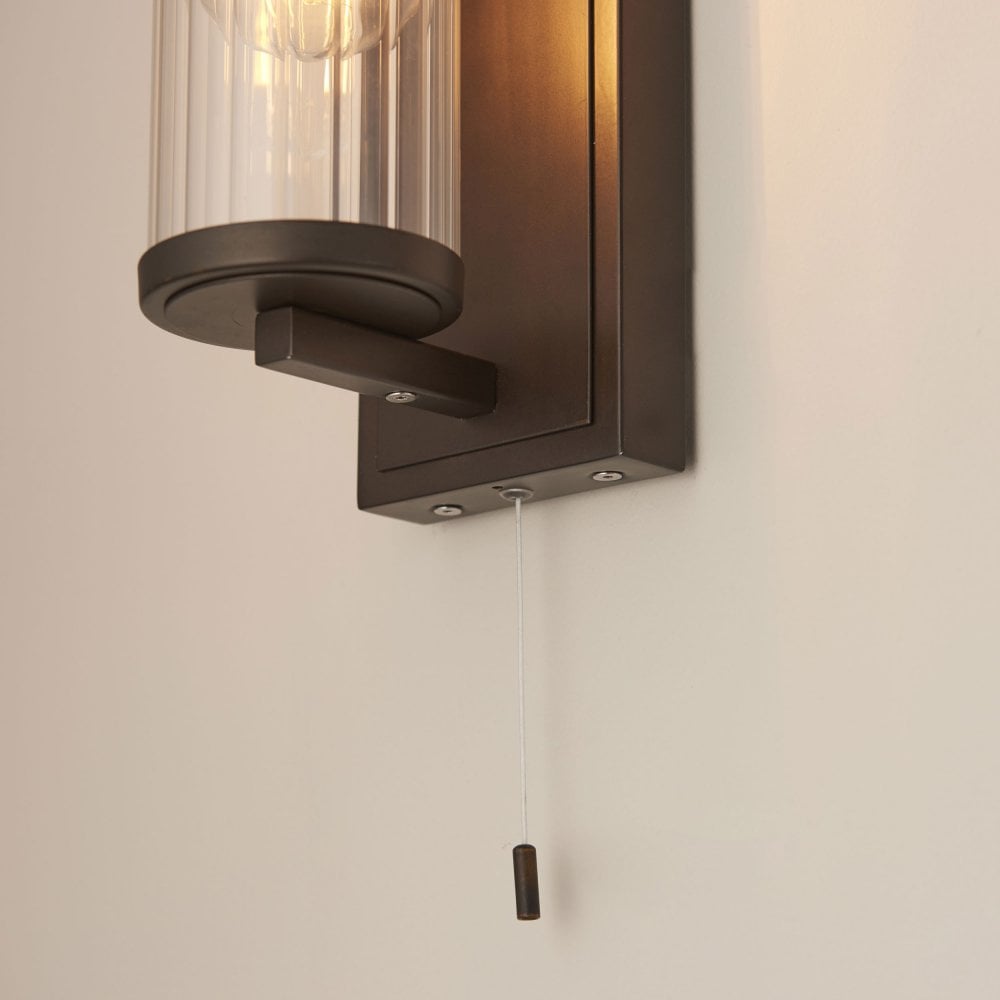 IP44 Bathroom Wall Light in Satin Brass/Dark Bronze/Chrome & Clear Ribbed Glass