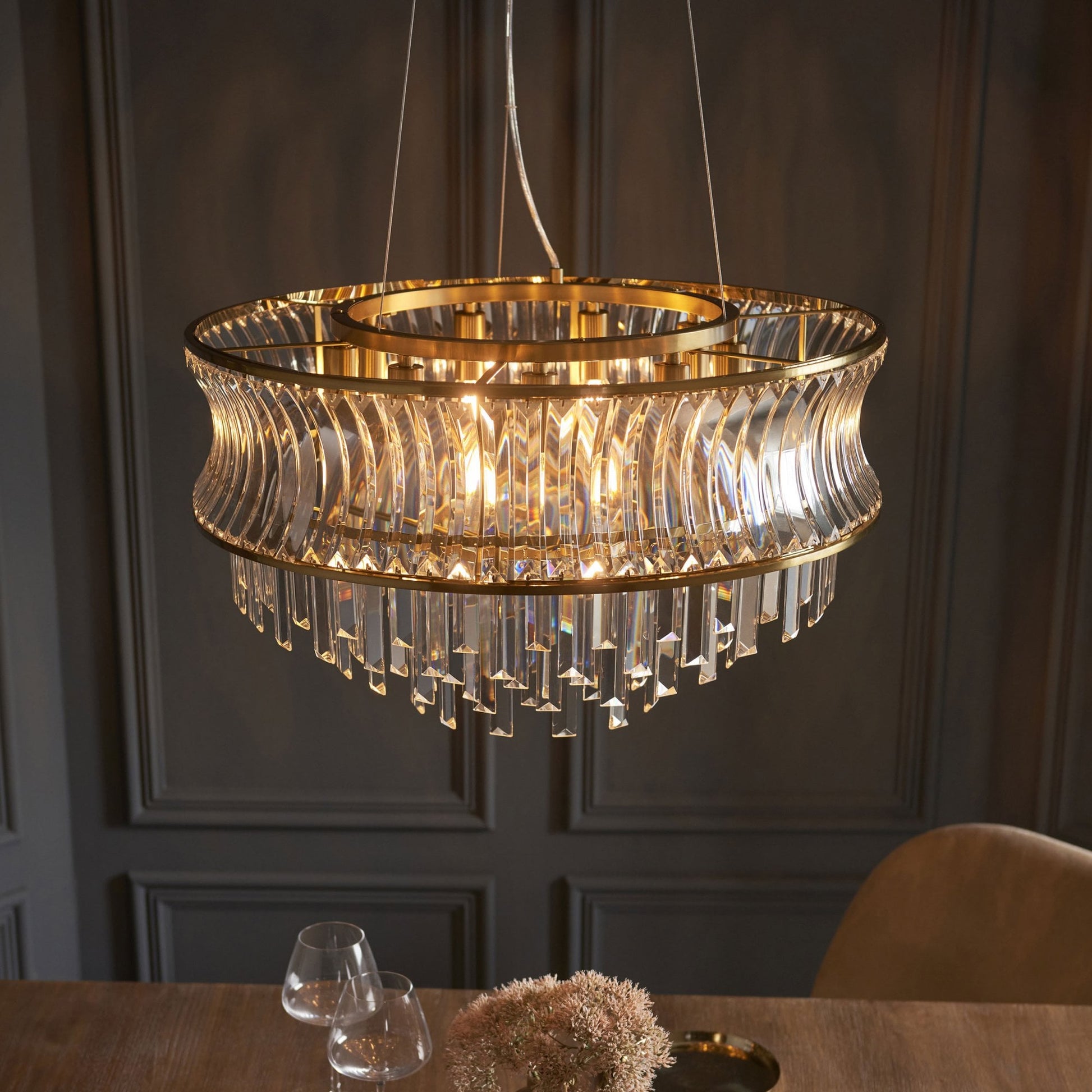 Roco 9 Light Tiered Crystal Pendant - Brass / Nickel