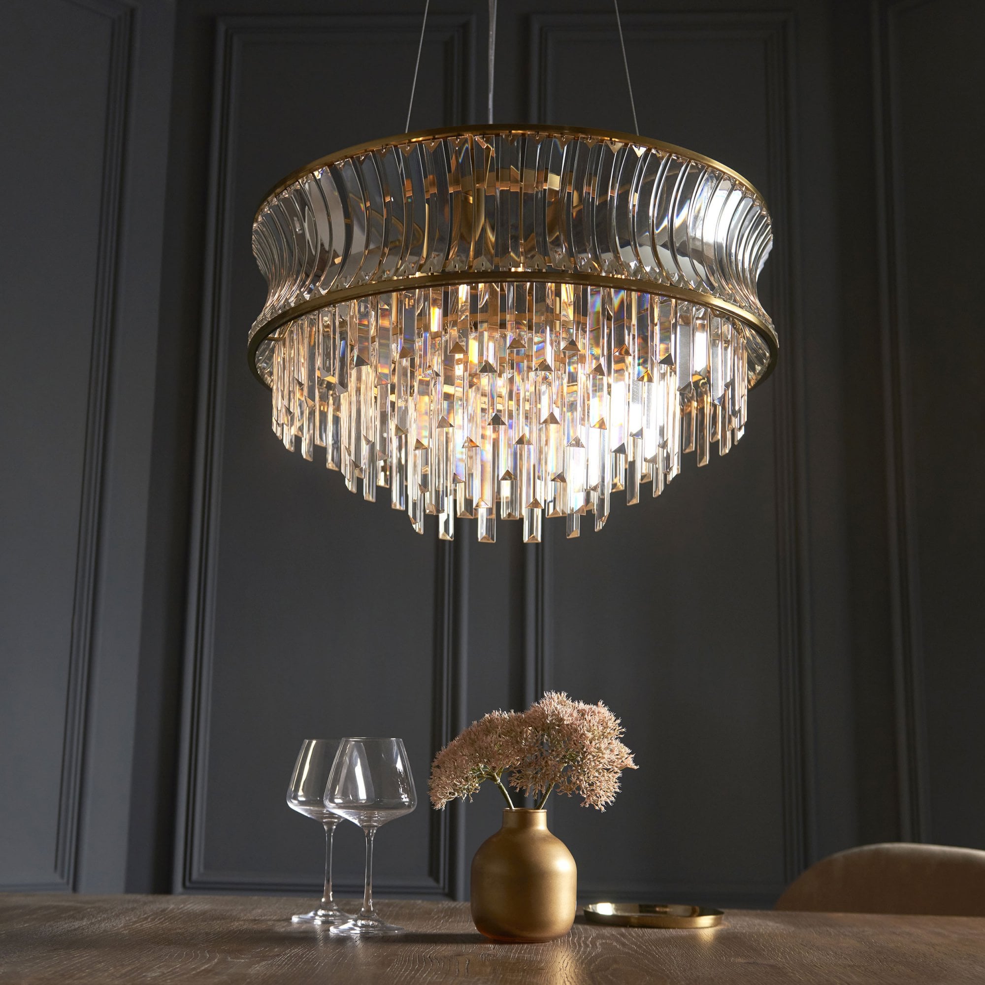 Roco 9 Light Tiered Crystal Pendant - Brass / Nickel