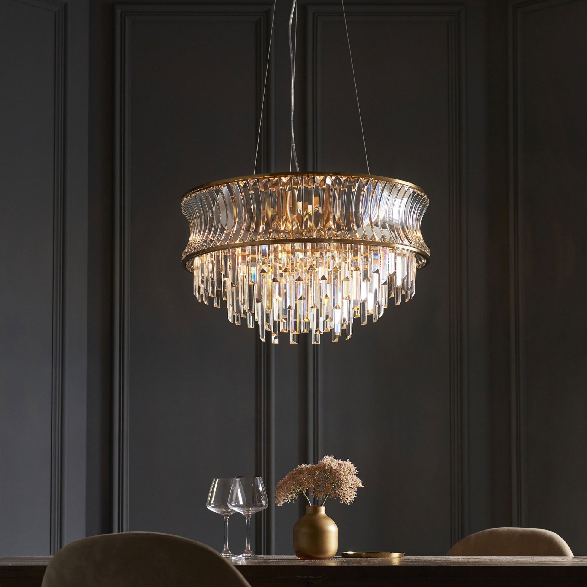 Roco 9 Light Tiered Crystal Pendant - Brass / Nickel