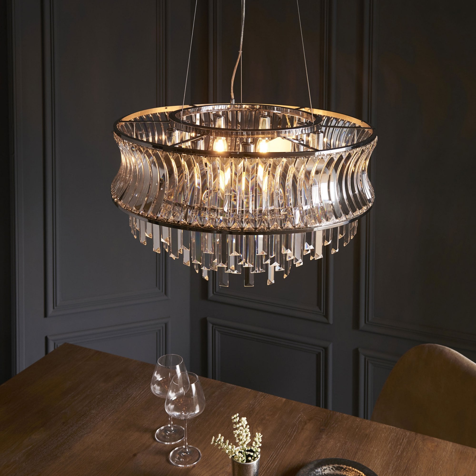 Roco 9 Light Tiered Crystal Pendant - Brass / Nickel