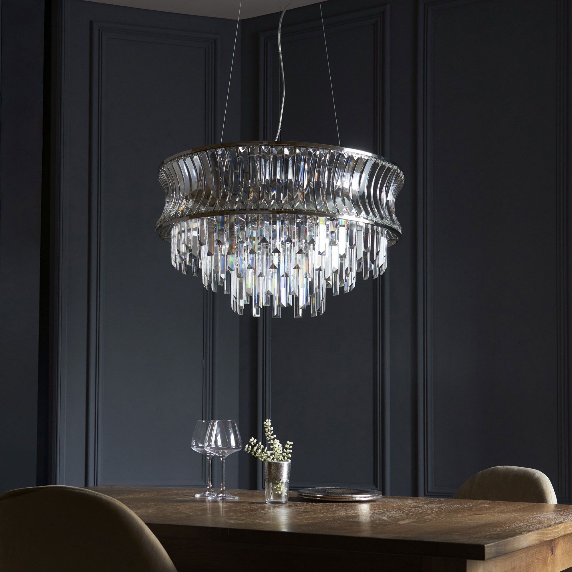 Roco 9 Light Tiered Crystal Pendant - Brass / Nickel