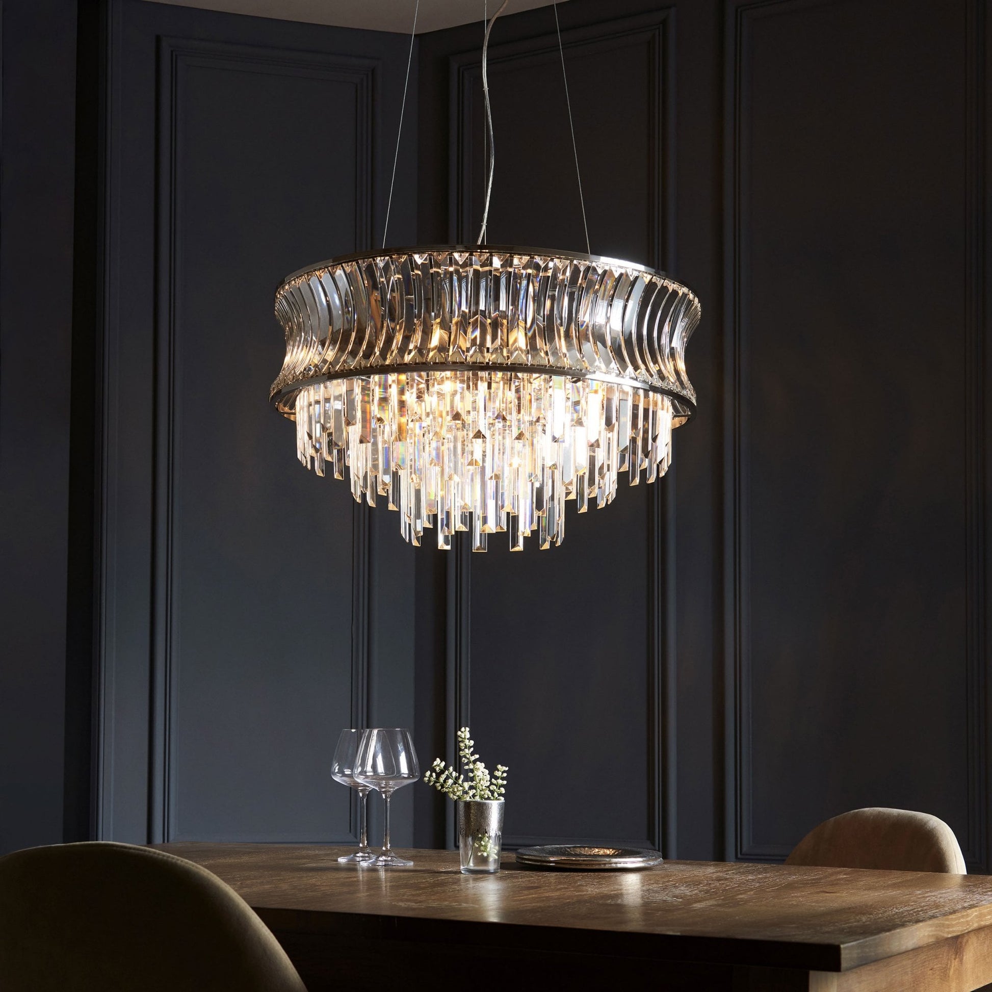 Roco 9 Light Tiered Crystal Pendant - Brass / Nickel
