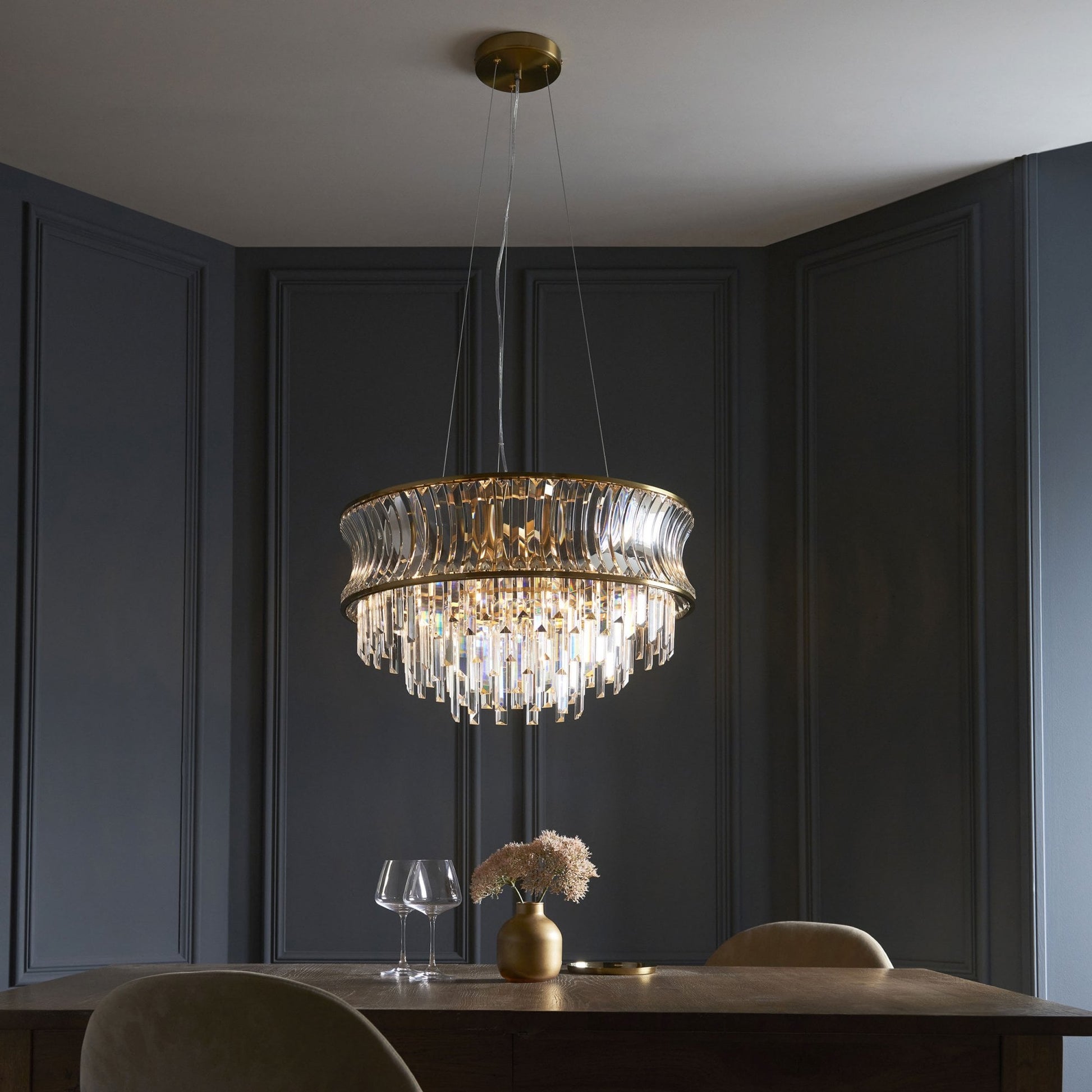Roco 9 Light Tiered Crystal Pendant - Brass / Nickel