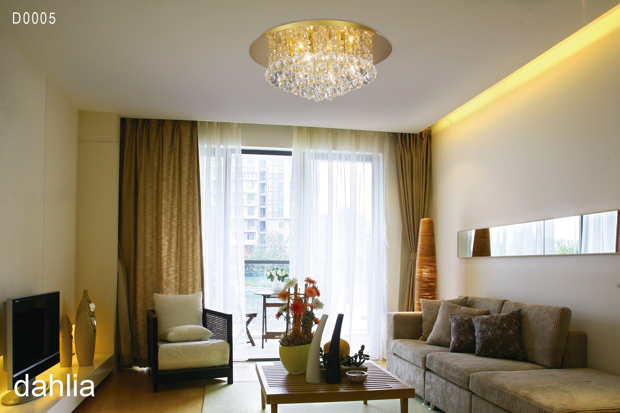 Dahlia Flush Ceiling, 4 Light G9 Crystal French Gold