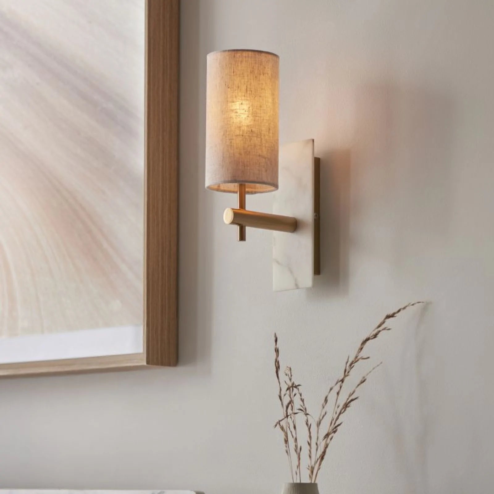 Laurent Vintage Brass & White Marble Wall Lamp with Linen Shade- Straight Base Finish