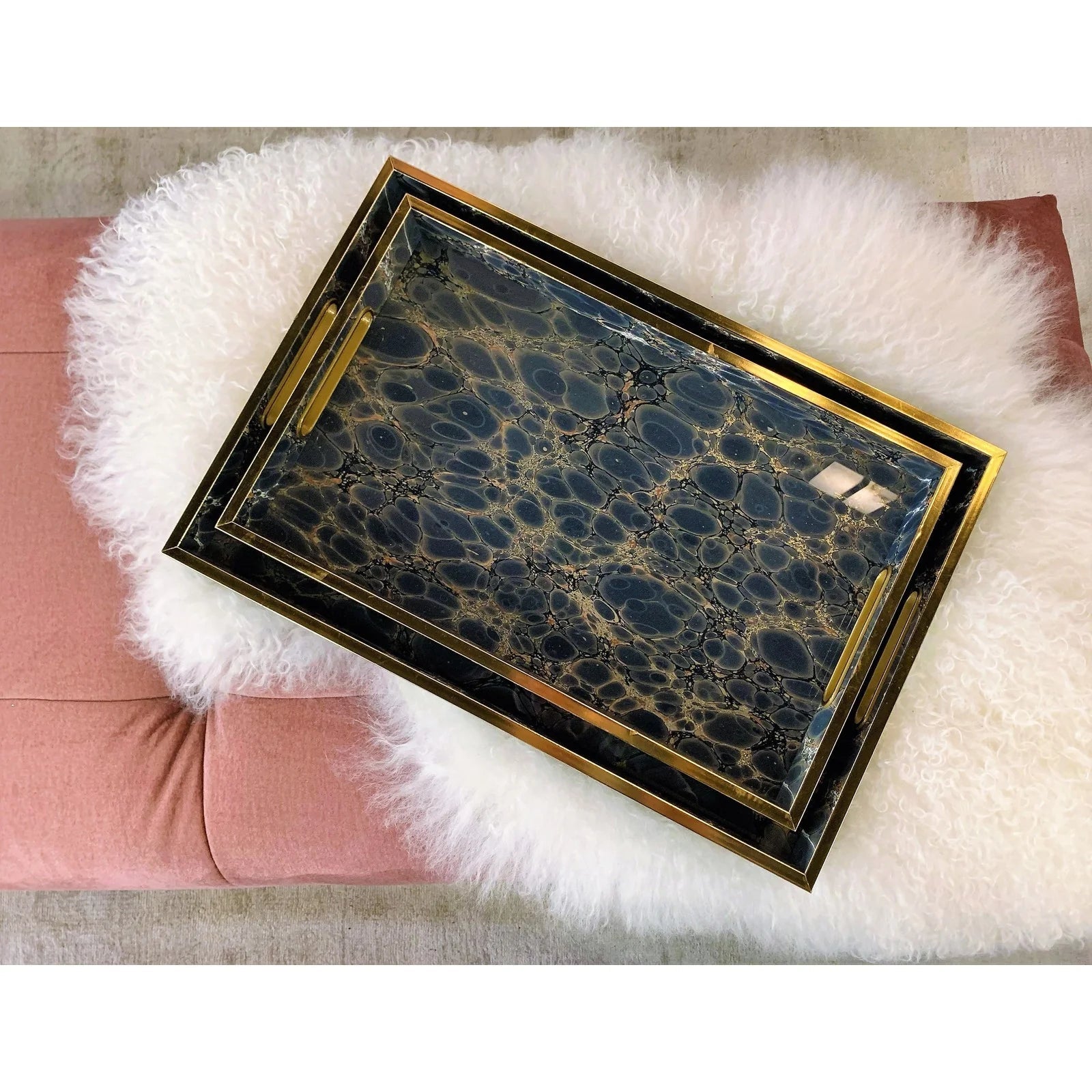 Deep Blue Serving Tray Set of 2 - Deep Navy & Gold Finish