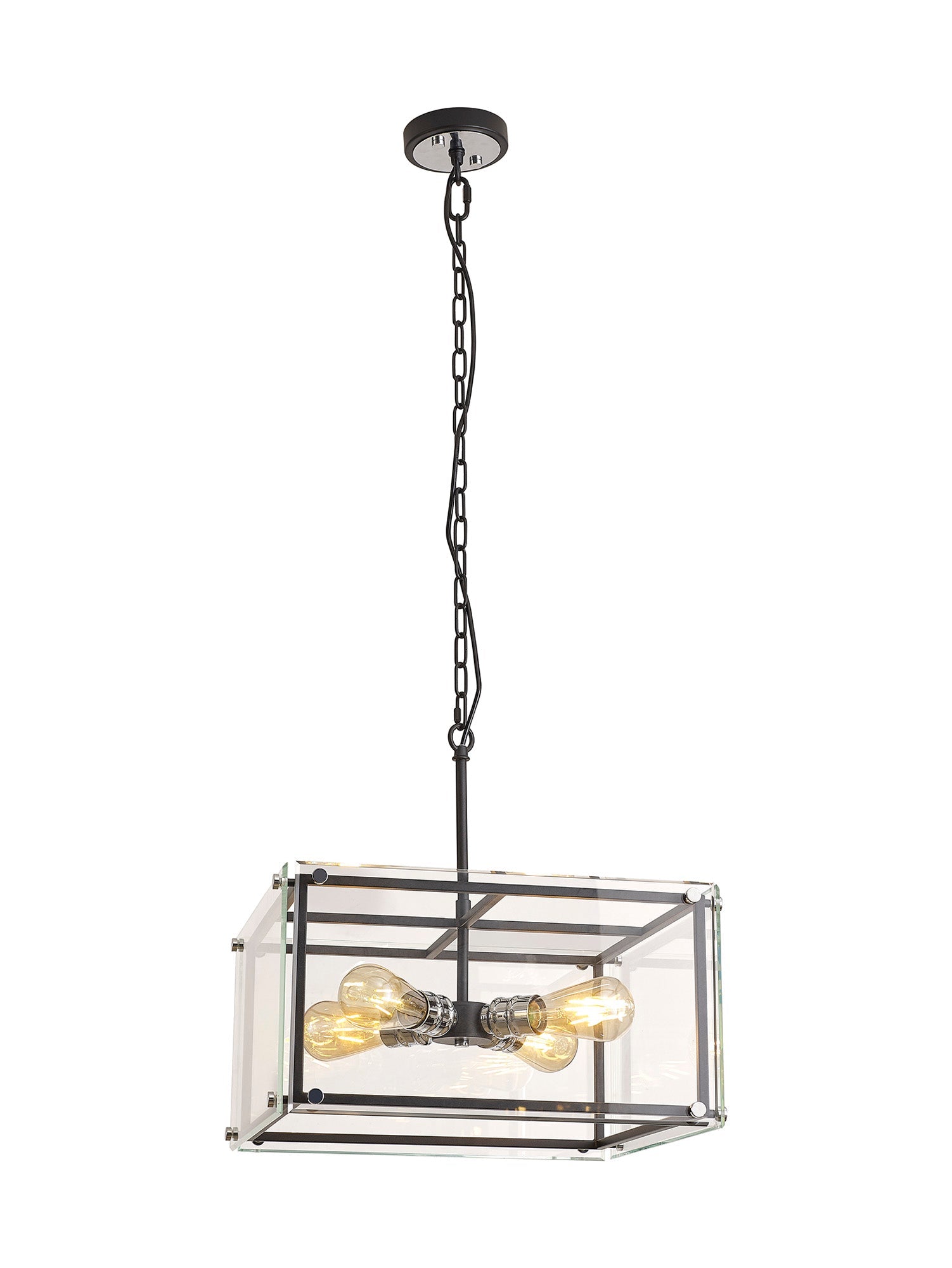 Delhi Centre Ceiling Light/Semi Flush Ceiling Light, 4 Light E27, Matt Black  &  Chrome  &  Clear Glass
