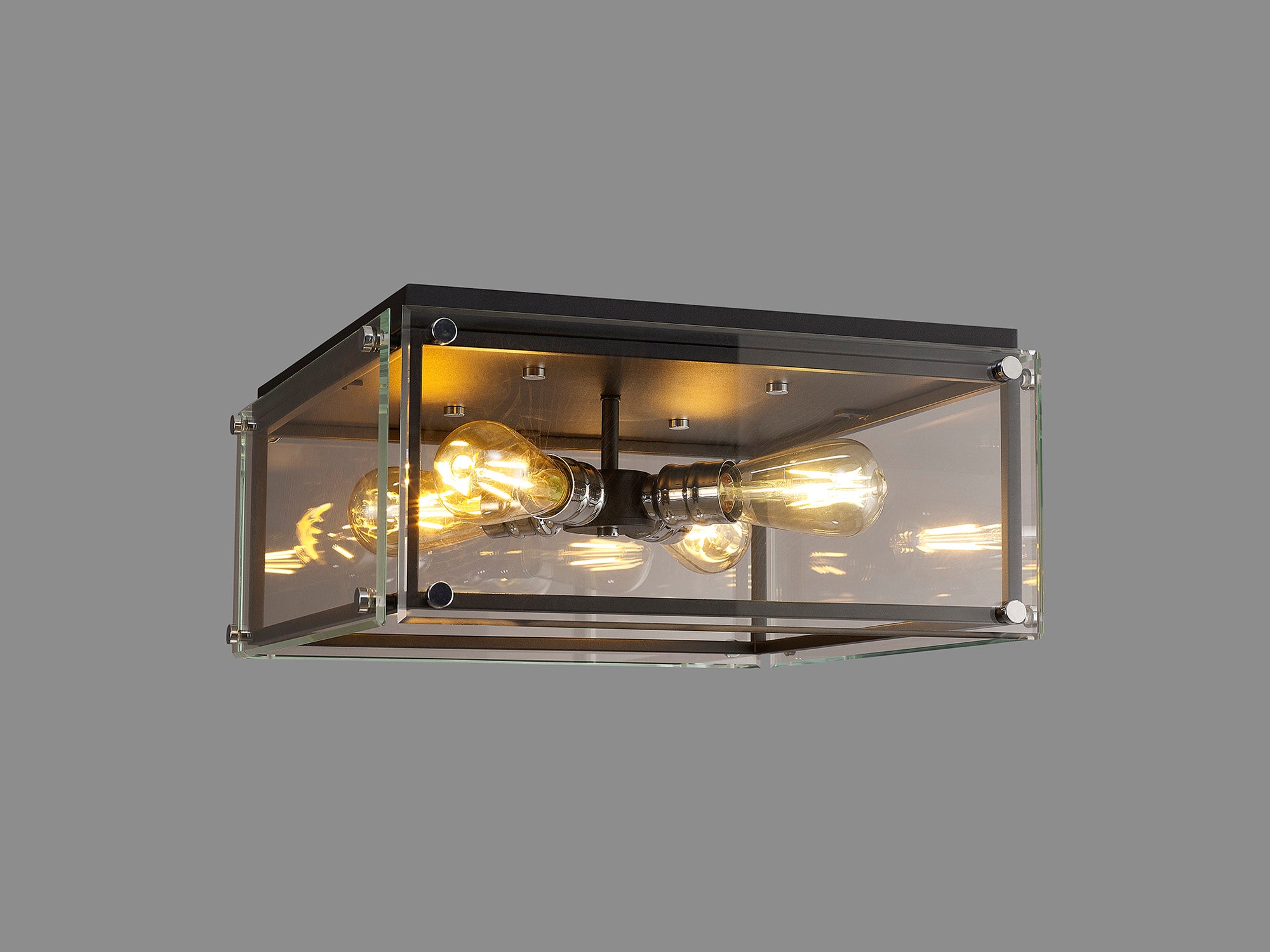 Delhi Indoor Flush Ceiling Light, 4 Light E27, Matt Black  &  Chrome  &  Clear Glass