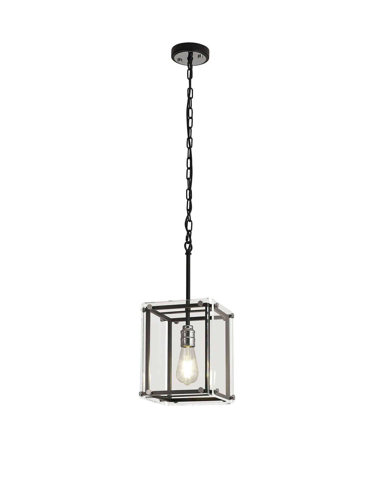 Delhi Pendant Light/Semi Flush Ceiling Light, 1 Light E27, Matt Black  &  Chrome  &  Clear Glass