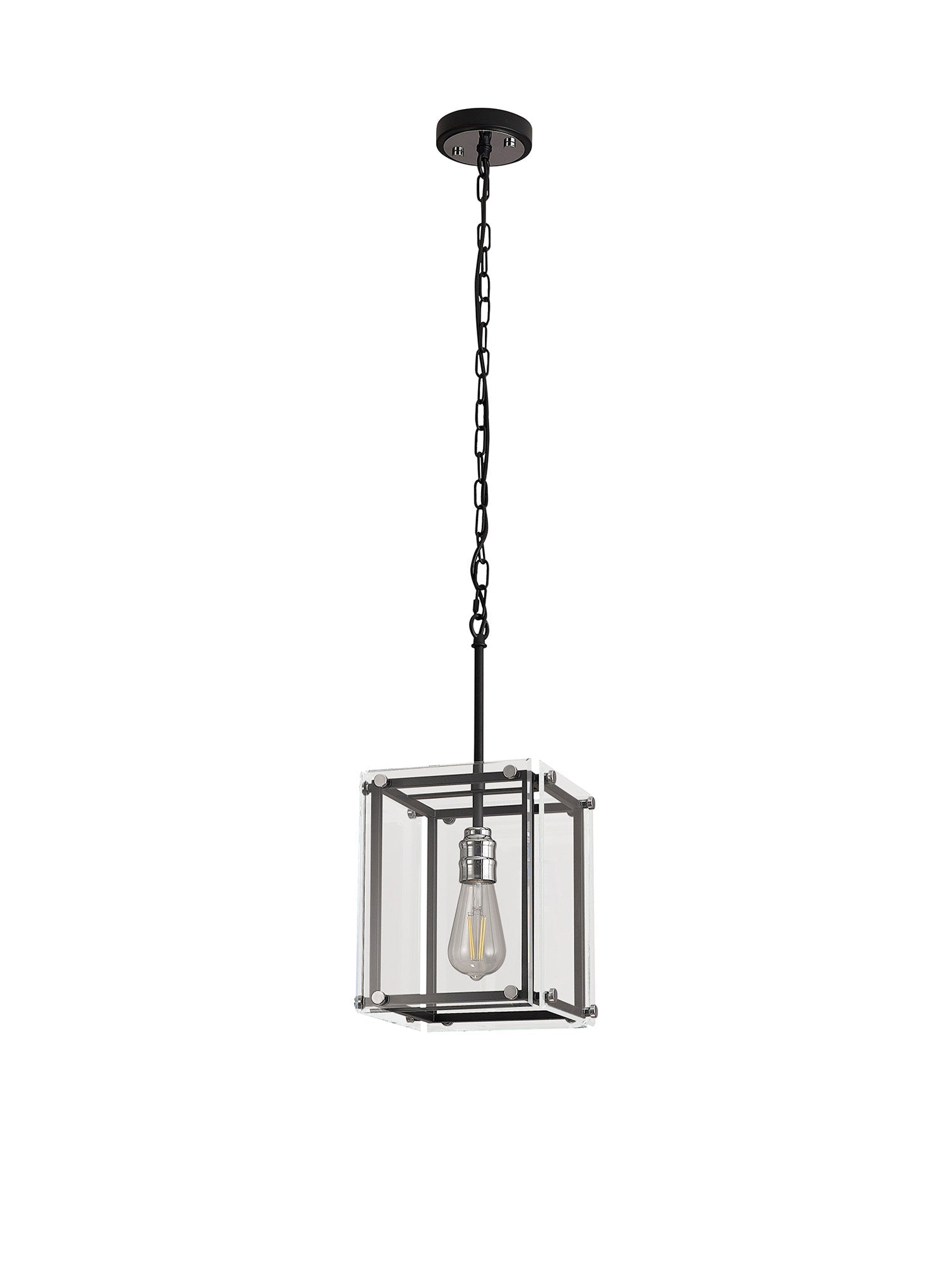 Delhi Pendant Light/Semi Flush Ceiling Light, 1 Light E27, Matt Black  &  Chrome  &  Clear Glass