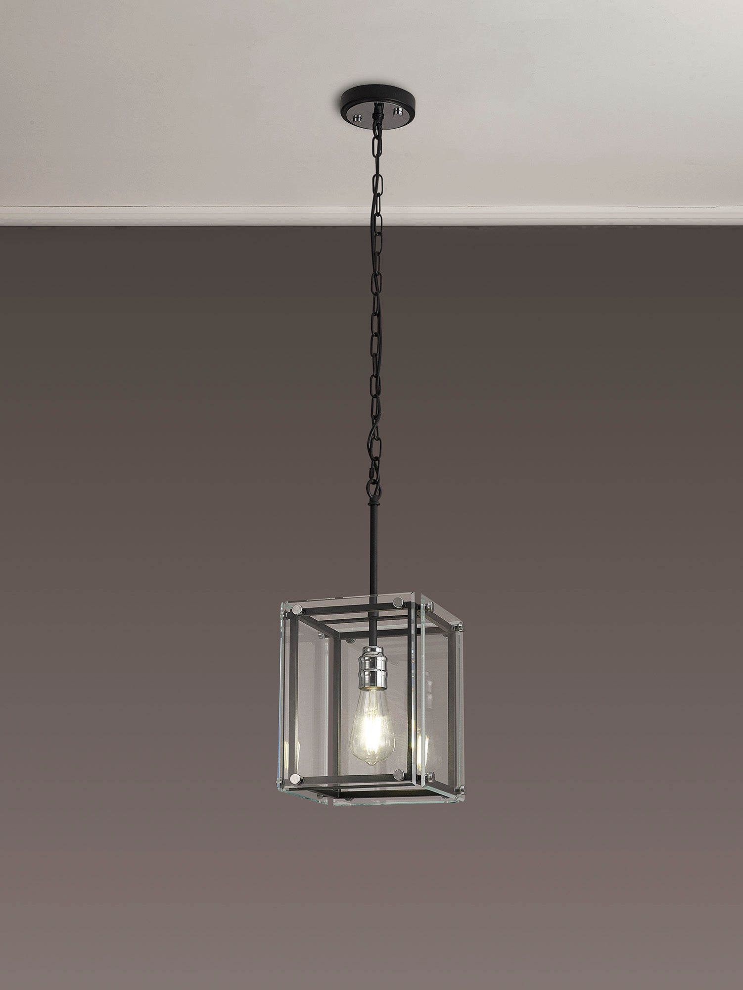 Delhi Pendant Light/Semi Flush Ceiling Light, 1 Light E27, Matt Black  &  Chrome  &  Clear Glass