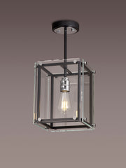 Delhi Pendant Light/Semi Flush Ceiling Light, 1 Light E27, Matt Black  &  Chrome  &  Clear Glass