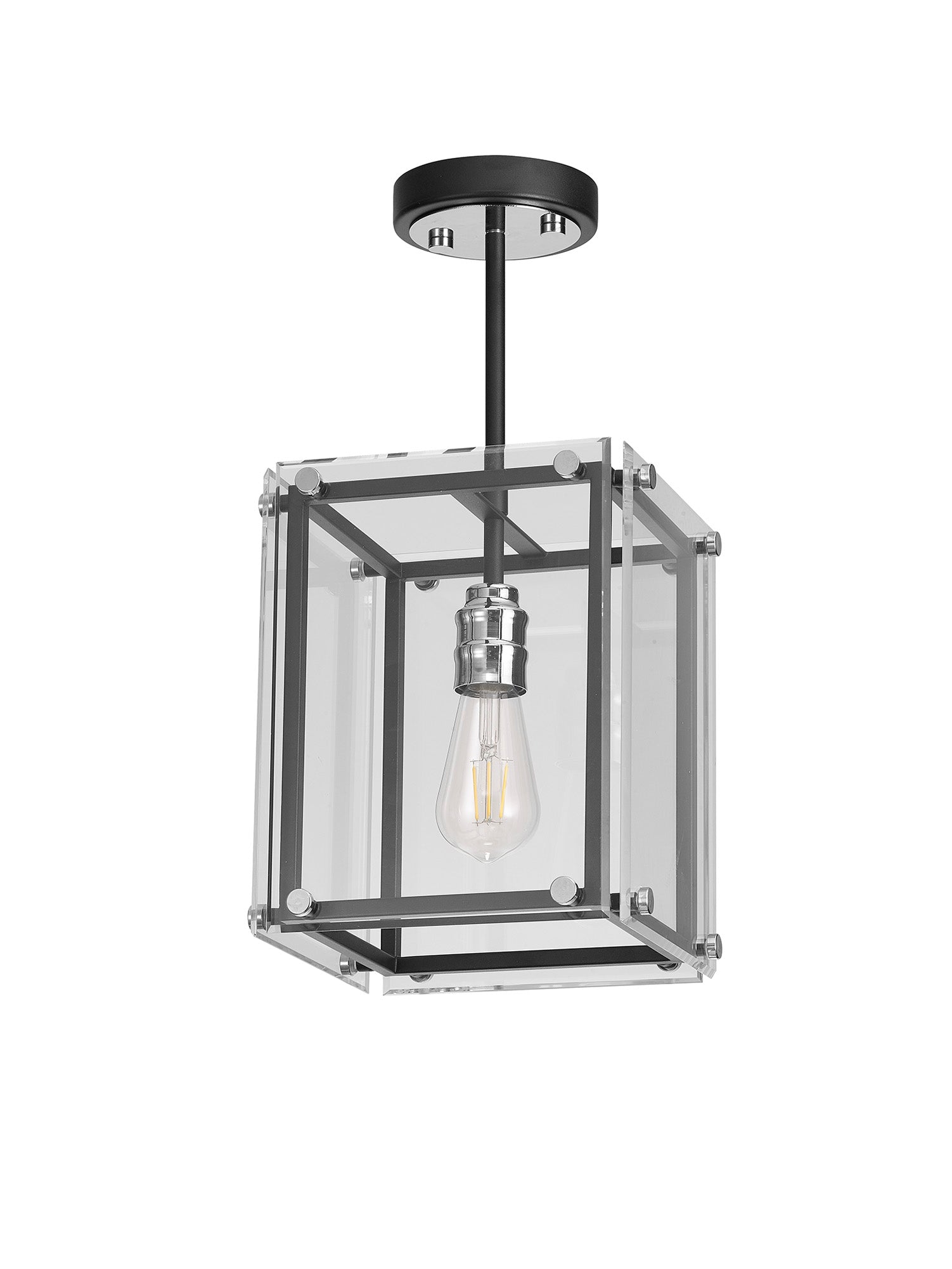 Delhi Pendant Light/Semi Flush Ceiling Light, 1 Light E27, Matt Black  &  Chrome  &  Clear Glass