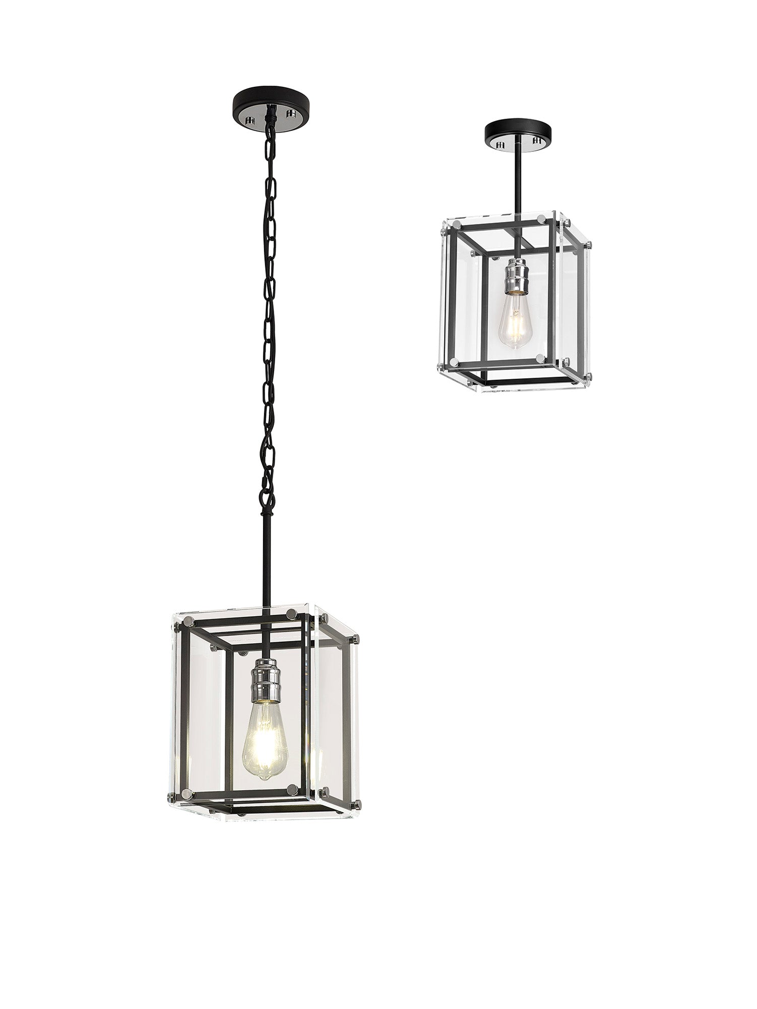 Delhi Pendant Light/Semi Flush Ceiling Light, 1 Light E27, Matt Black  &  Chrome  &  Clear Glass