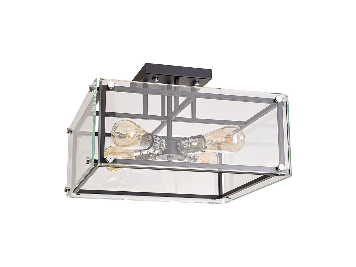 Delhi Semi Flush, 4 Light E27, Matt Black  &  Chrome  &  Clear Glass