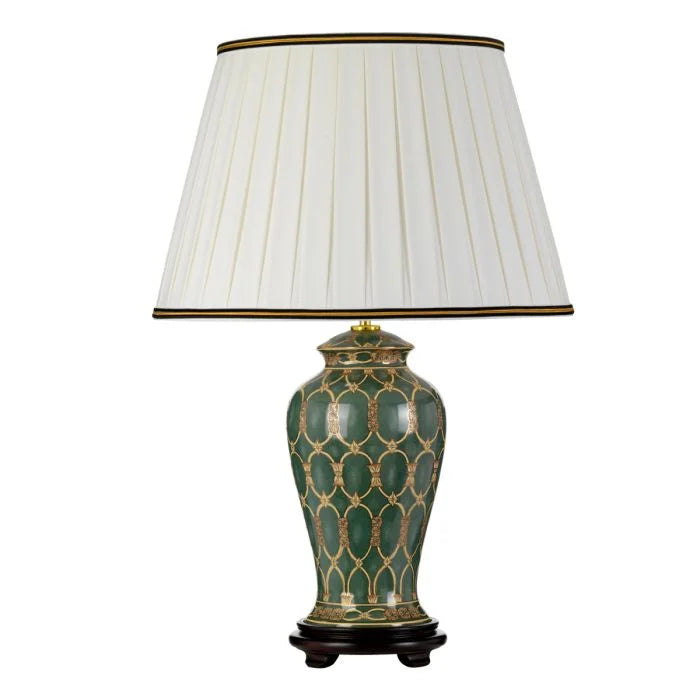 Sashi 1 Light Table Lamp With Tall Empire Shade - Green with Gold and Brown with Ivory with Black and Gold trim Shade