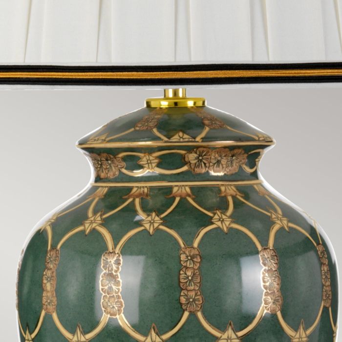 Sashi 1 Light Table Lamp With Tall Empire Shade - Green with Gold and Brown with Ivory with Black and Gold trim Shade