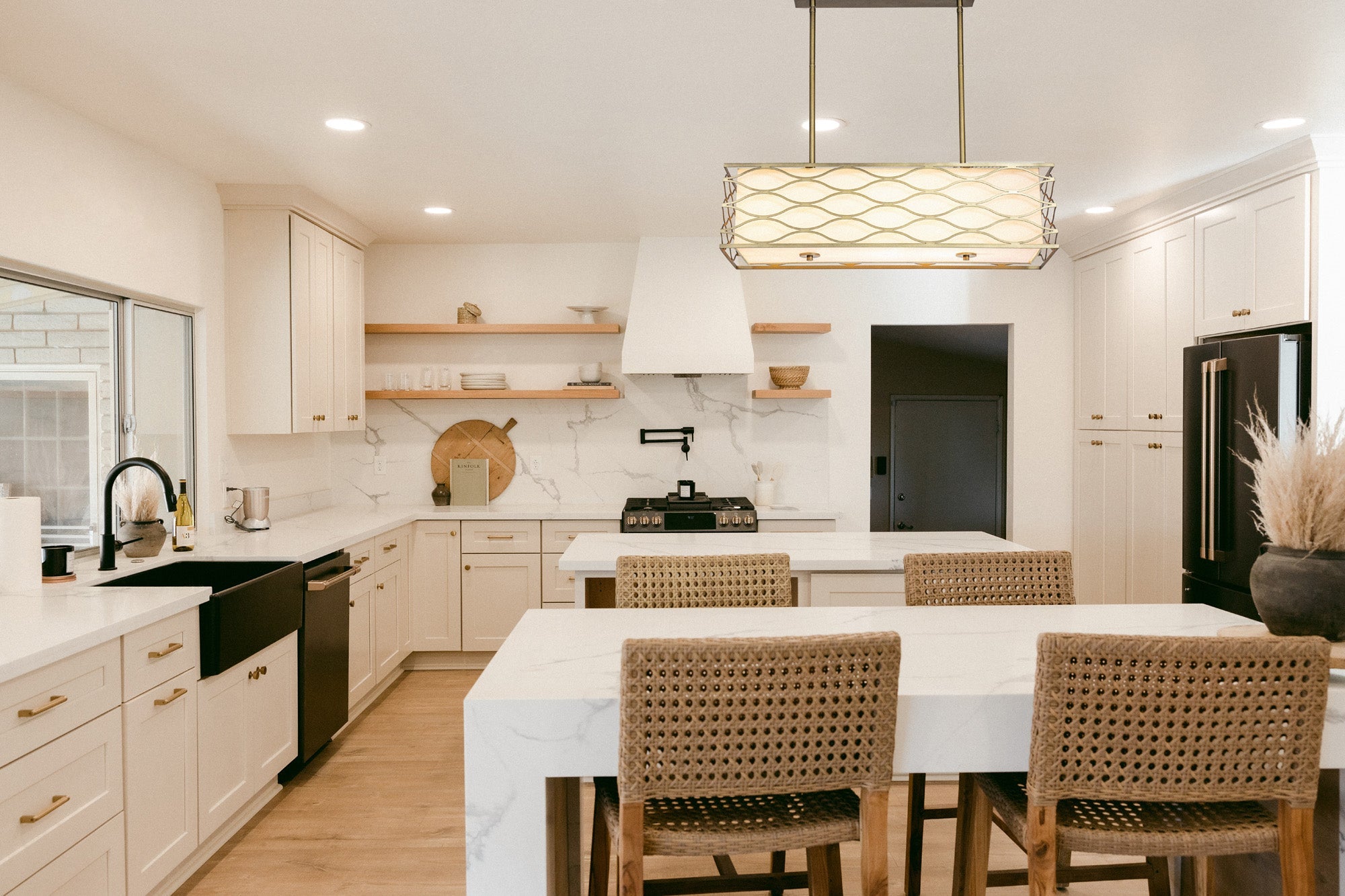 Edgerton Rectangle Kitchen Table/Island Light &  Convertible To Semi Flush, 5 Light E14 Aged Gold  &  Cream Fabric Shade