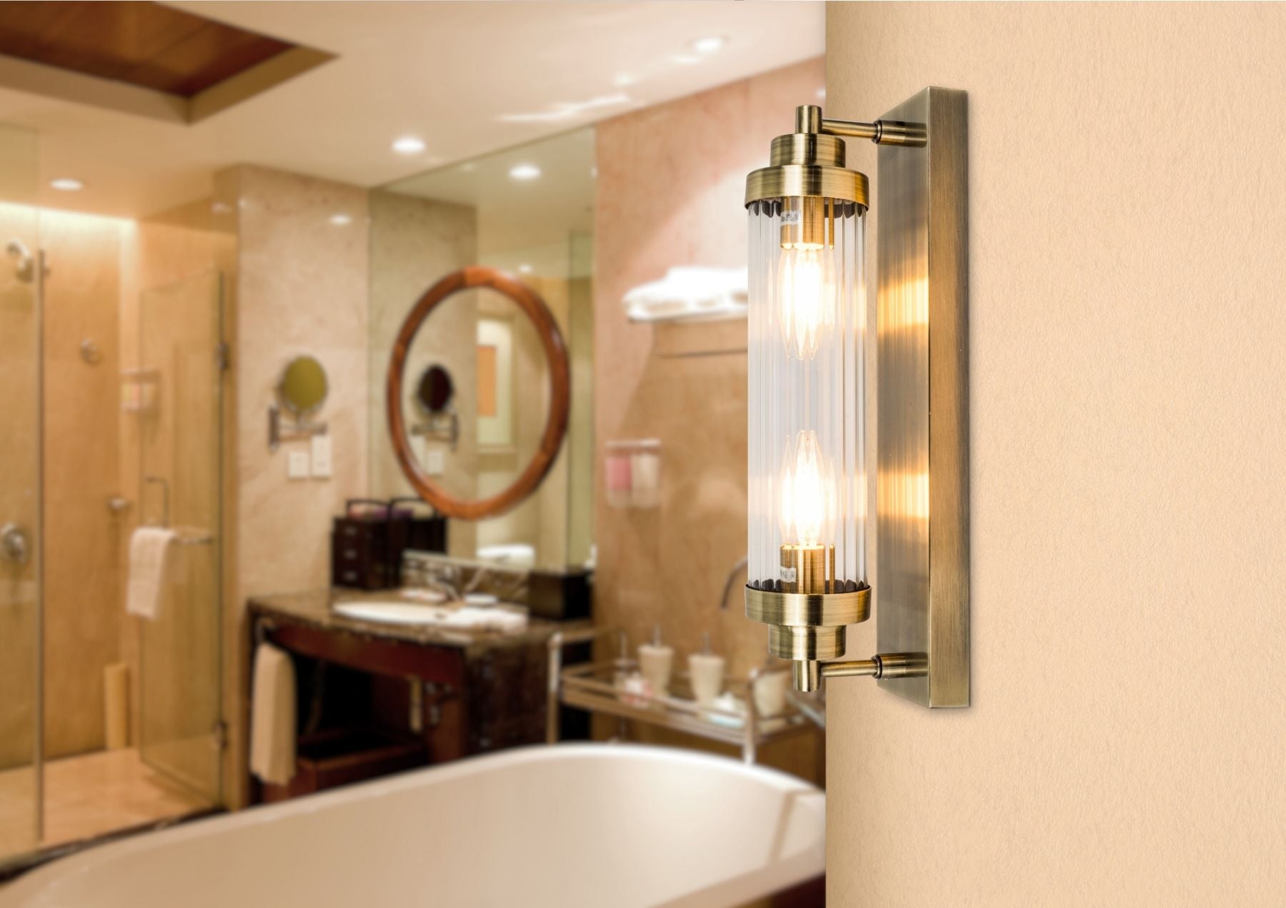Edith 2 Light IP44 Bathroom Wall Light Satin Chrome/Antique Brass