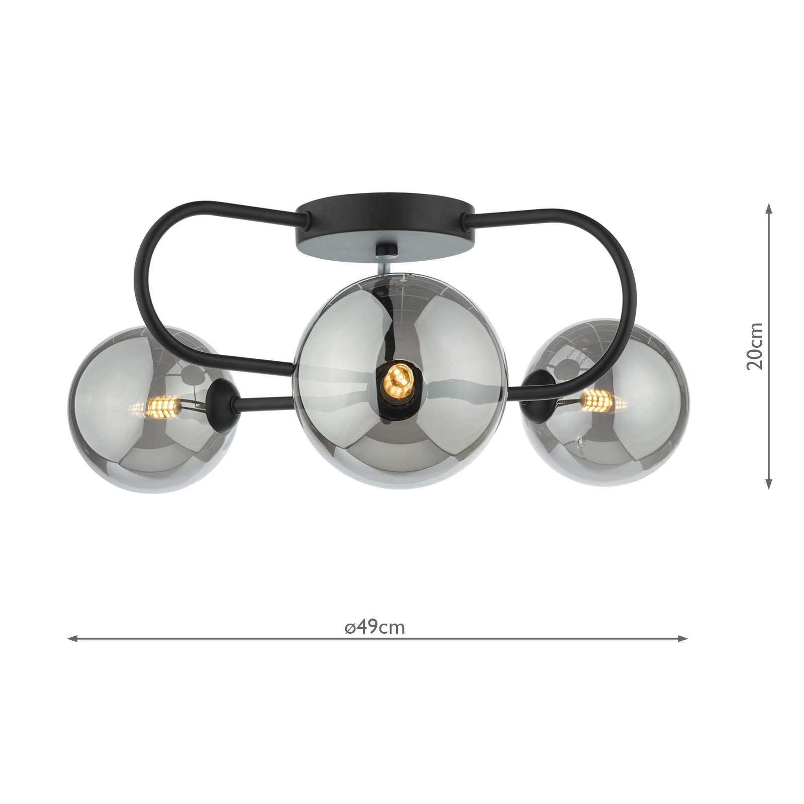 Dar Eissa 3Lt Semi Flush Ceiling Light - Matt Black Smoked Glass Finish, IP20