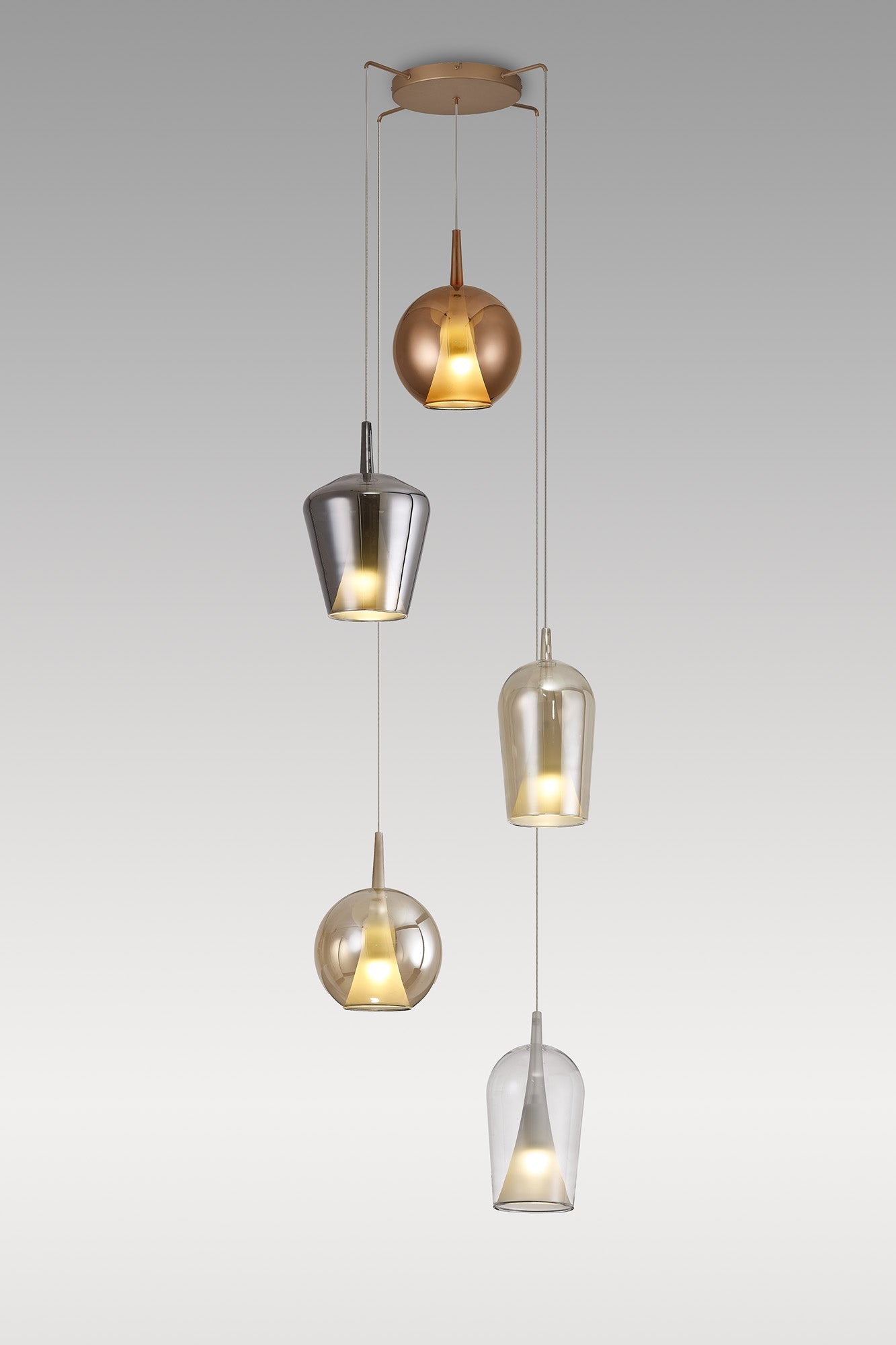 Elsa Pendant With Mixed Shades, 5 Light E27, Clear/Chrome/Bronze/Copper Glass With Frosted Inner Cone, Gold Frame
