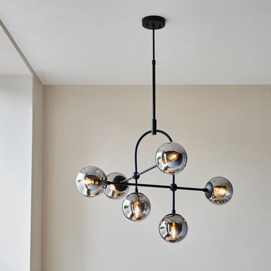 Halbrooke 6Lt Centre Ceiling Light - Antique Brass & Opal/ Black & Smoked Glass Finish