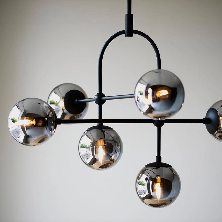 Halbrooke 6Lt Centre Ceiling Light - Antique Brass & Opal/ Black & Smoked Glass Finish