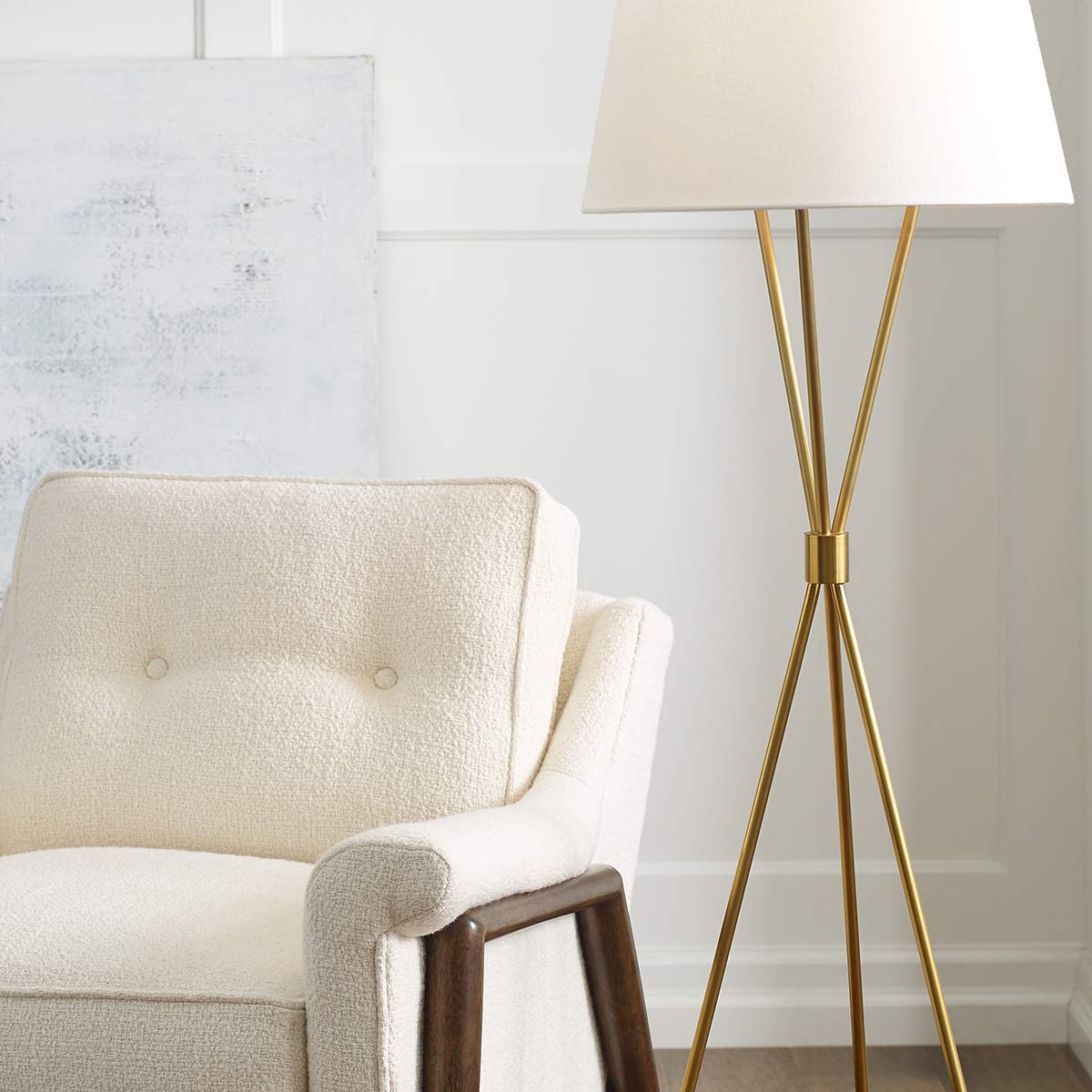 Penny 1 Light Floor Lamp - Aged Iron/Burnished Brass/Polished Nickel with White Shade E27