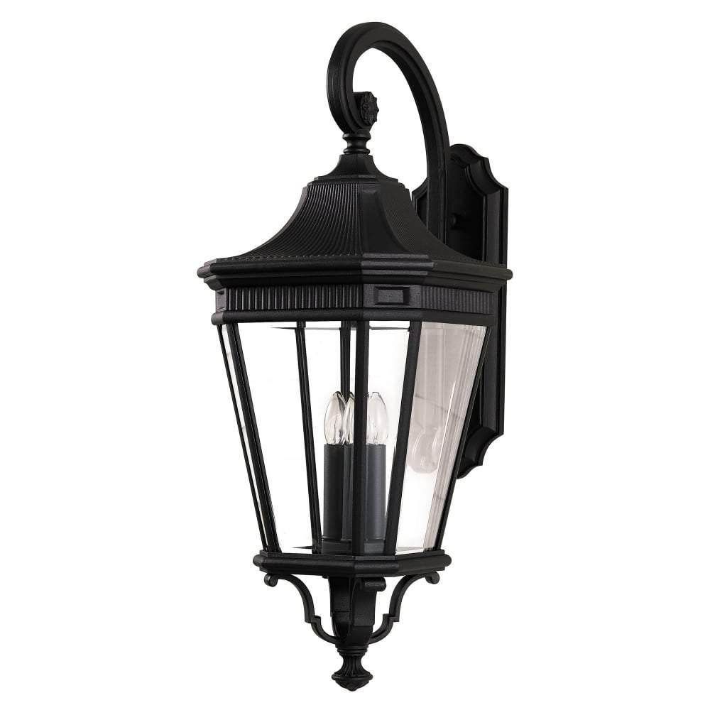 Feiss Large Matt Black 3 Bulb Porch Wall Lantern with Clear Glass Panes - Cusack Lighting