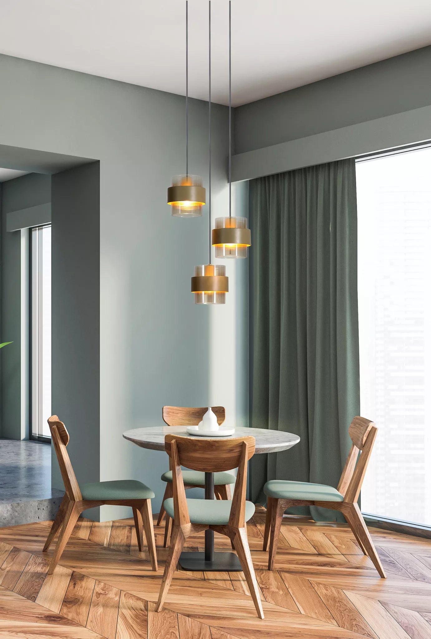 Royal 3Lt Multi Drop Pendant- Sand w Amber Ribbed Glass