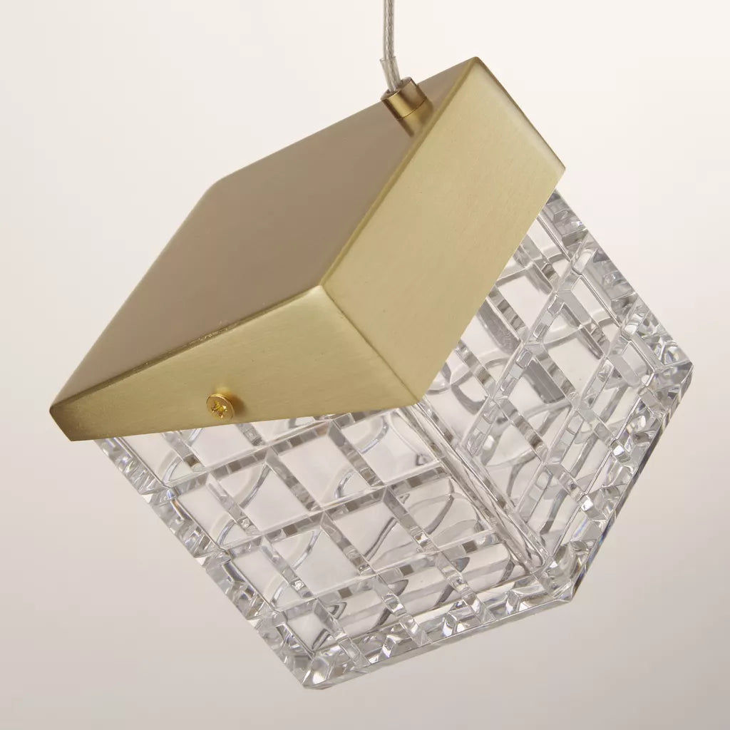 Cuboid LED Pendant-  Satin Brass Metal with Clear Acrylic