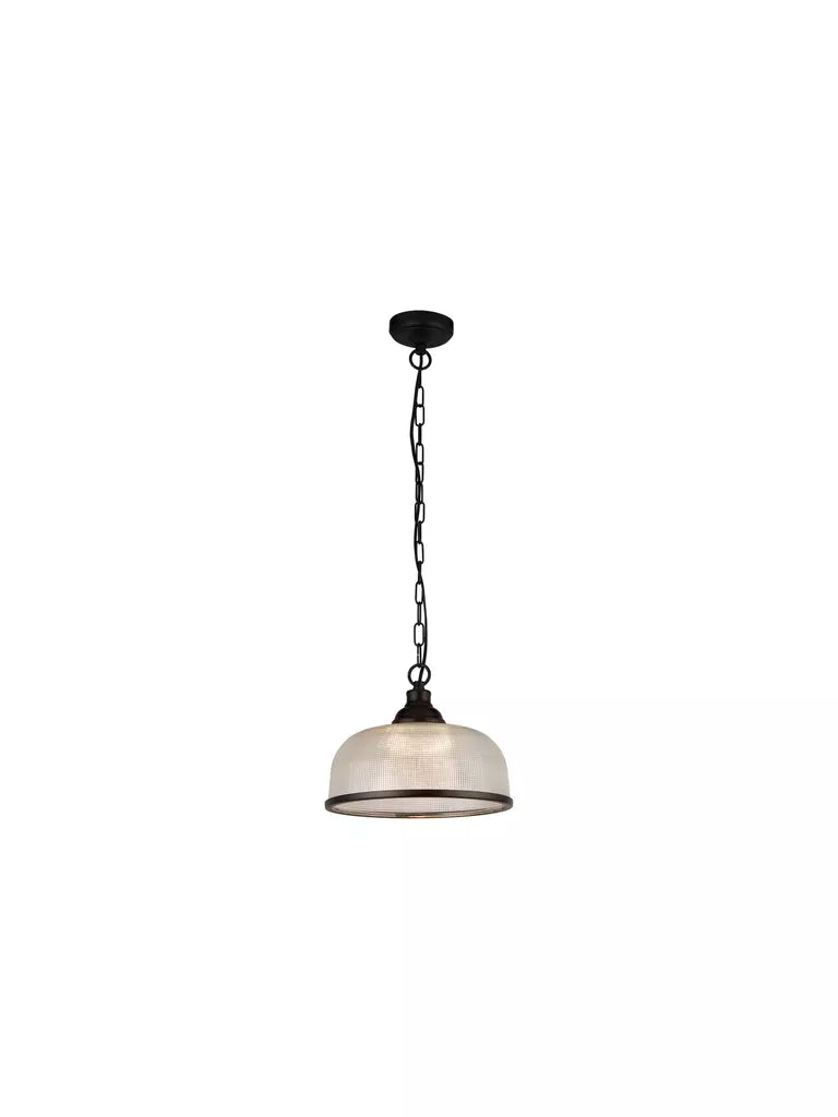 Highworth Pendant - Matt Black Metal & Holophane Style Glass