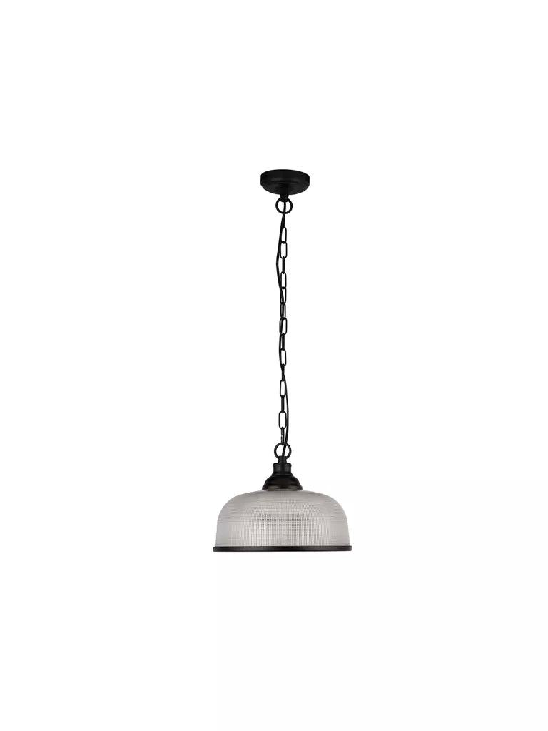 Highworth Pendant - Matt Black Metal & Holophane Style Glass